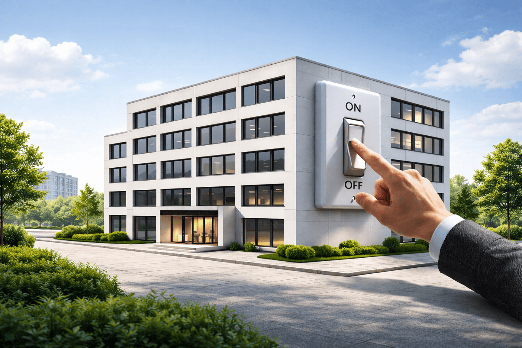 Een appartementsgebouw waarbij aan de zijkant een enorm grote lichtswitch hangt, waar een persoon op klikt.