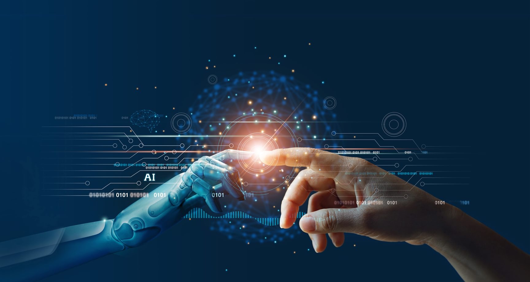 Hand en robotarm die elkaar aanraken met een lichtpunt tussen beide, omright door digitale AI-elementen.