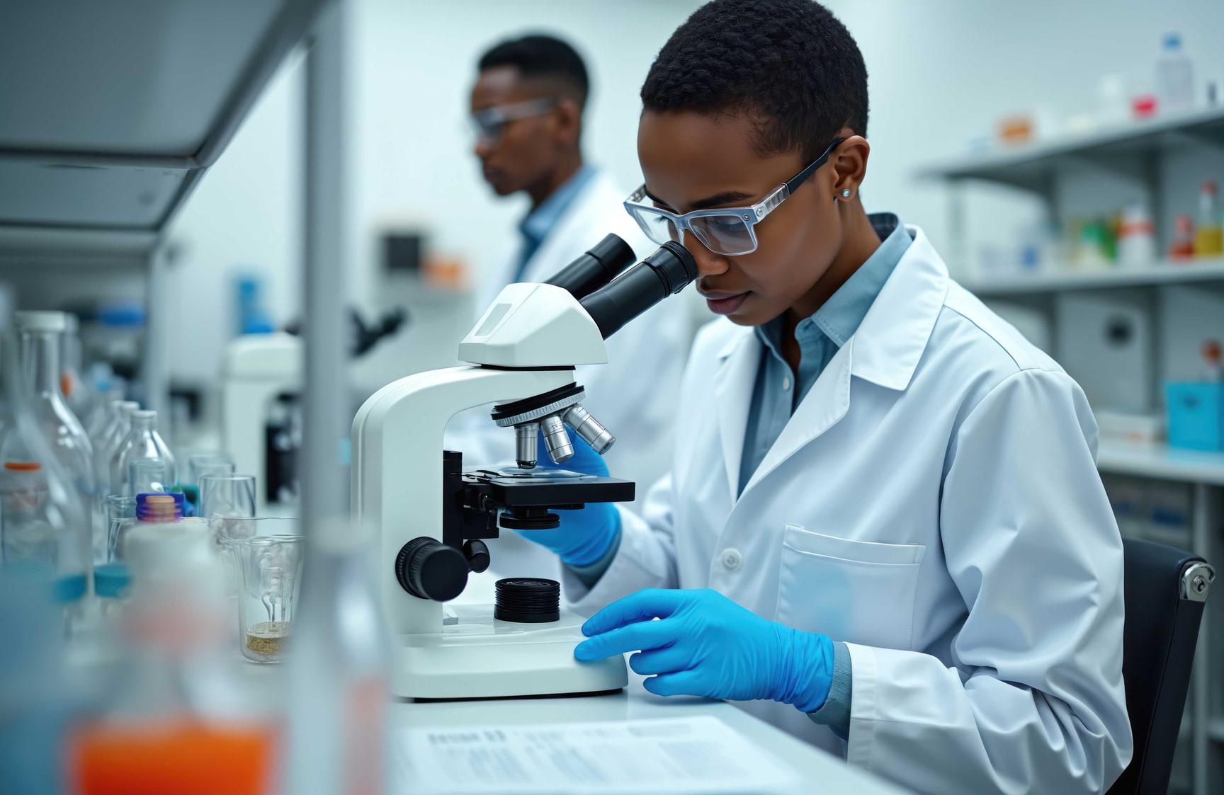Onderzoeker in een laboratorium kijkt door een microscoop, met laboratoriumglaswerk en een tweede onderzoeker op de achtergrond.