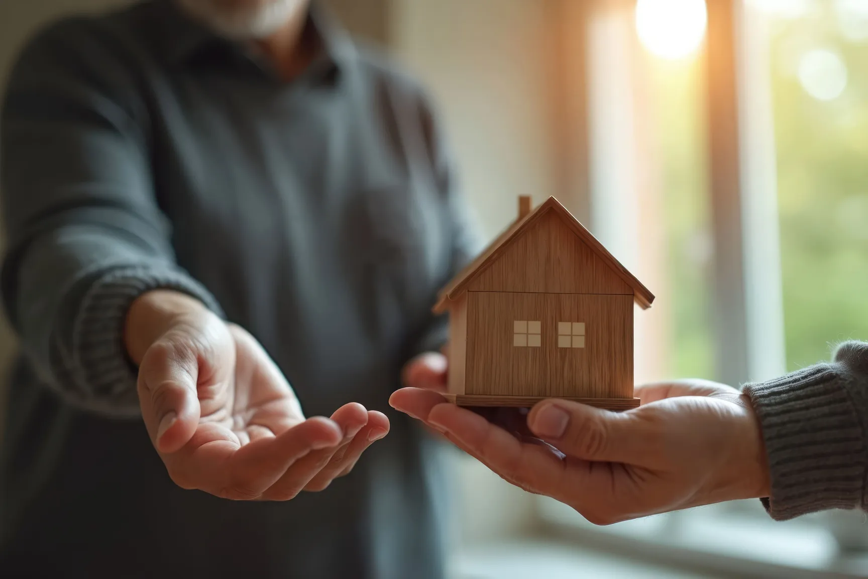 Miniatuurhuisje dat wordt doorgegeven, symbool voor schenking of erfenis