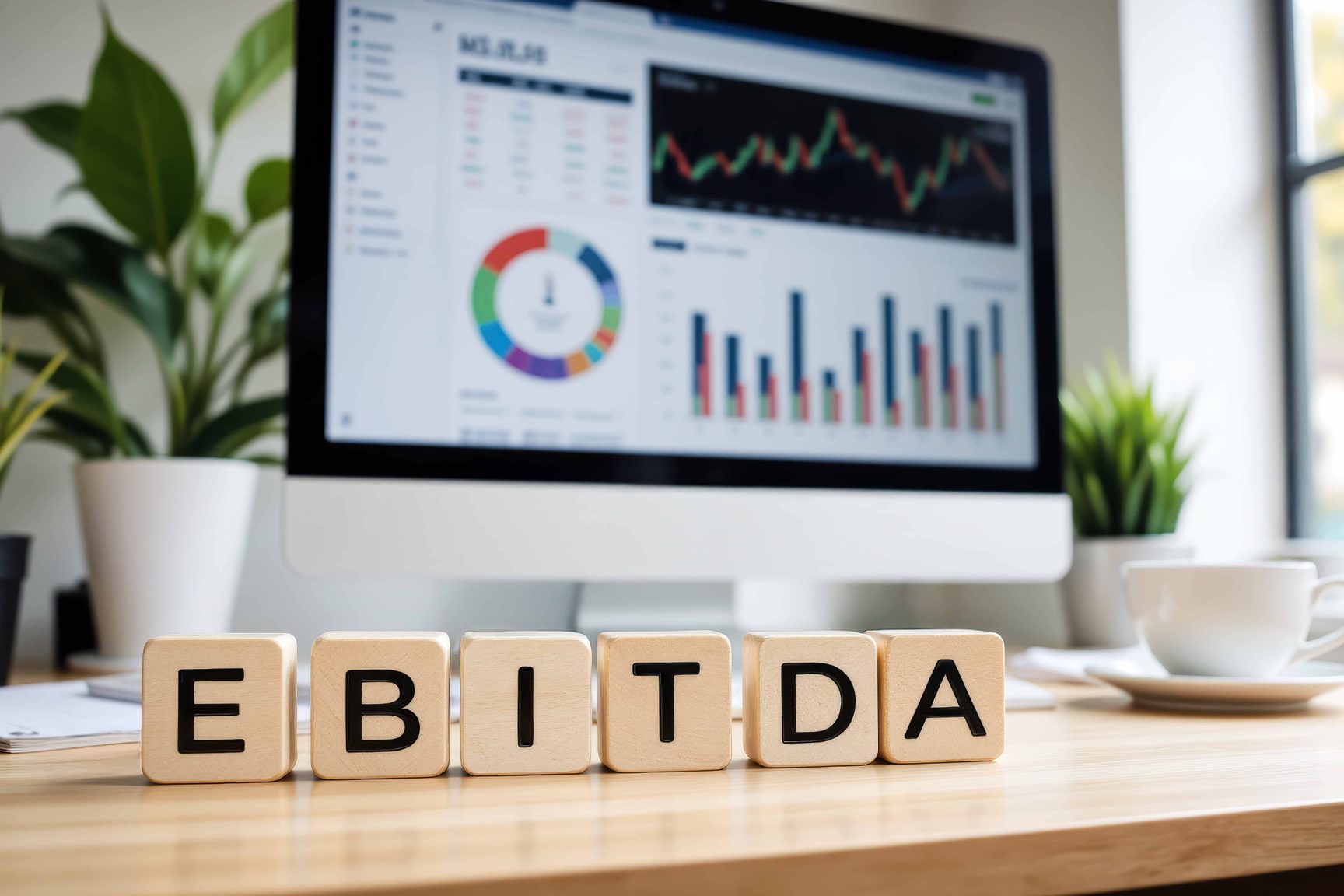 Houten kubussen met daarop de letters E,B,I,T,D & A om zo het woord EBITDA te bekomen. Deze kubussen staan voor een computerscherm op een eikenhouten bureautafel.