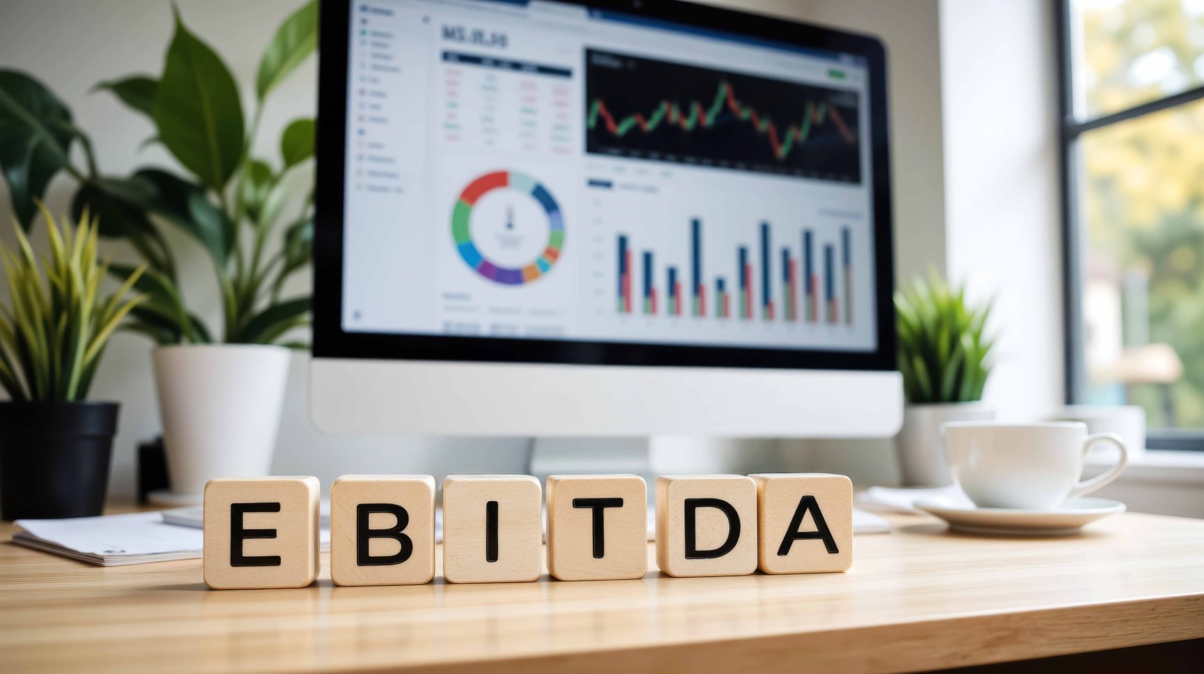 Houten kubussen met daarop de letters E,B,I,T,D & A om zo het woord EBITDA te bekomen. Deze kubussen staan voor een computerscherm op een eikenhouten bureautafel.