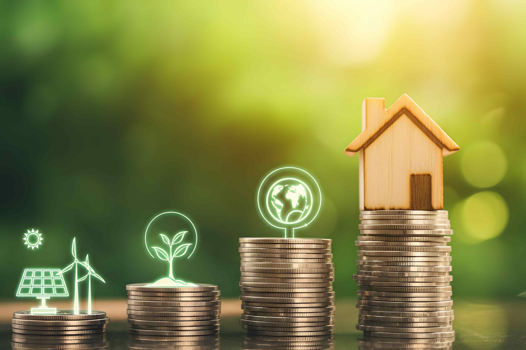 Oplopende stapels munten met symbolen van duurzame energie, natuur en wonen