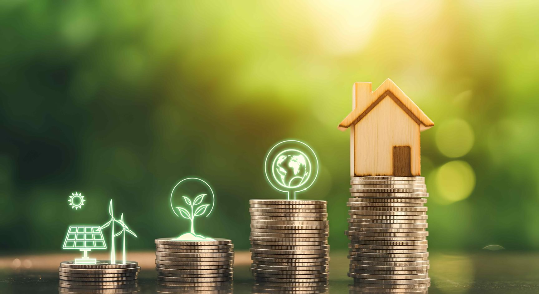Oplopende stapels munten met symbolen van duurzame energie, natuur en wonen