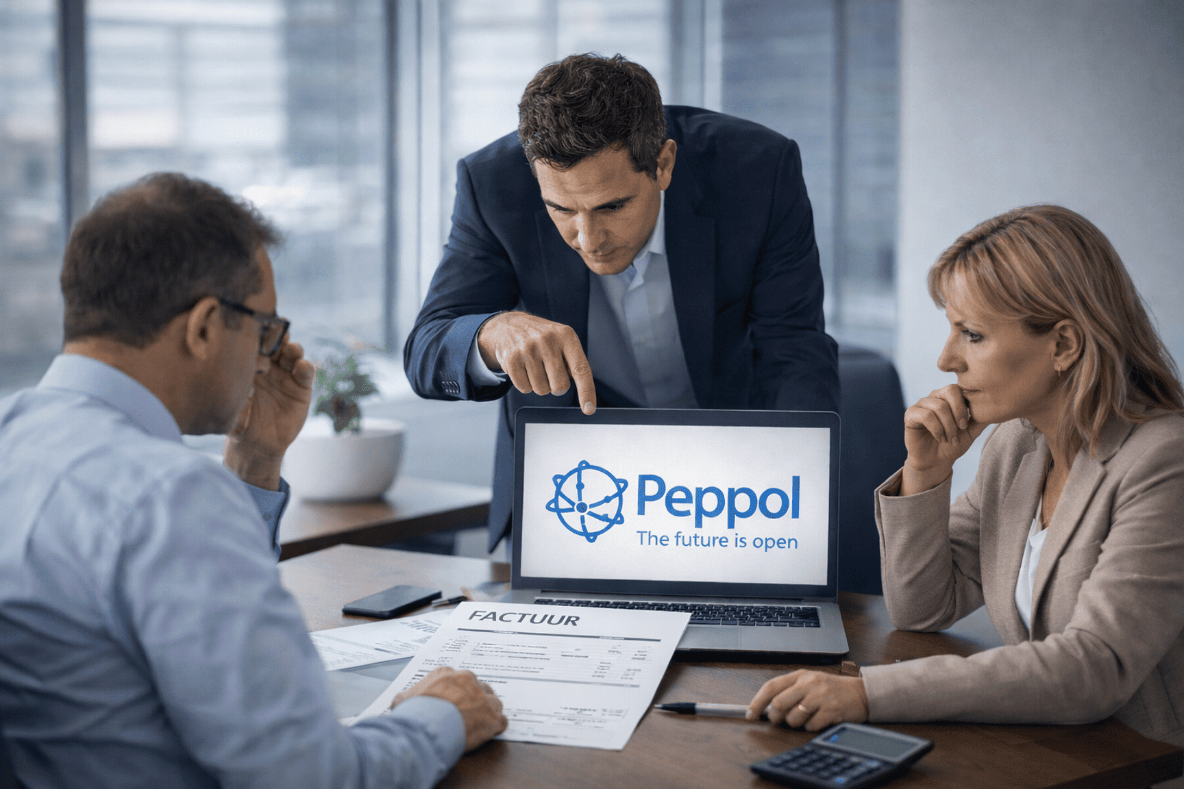 Drie personen zitten rond een laptop en bespreken samen Peppol, waarbij één persoon uitleg geeft en de anderen actief meedenken.