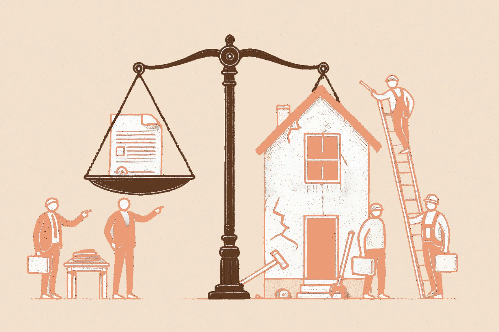 Illustratie van een weegschaal met juridische documenten en een woning in renovatie, als symbool voor aansprakelijkheidsrisico's en het beschermen van je onderneming.