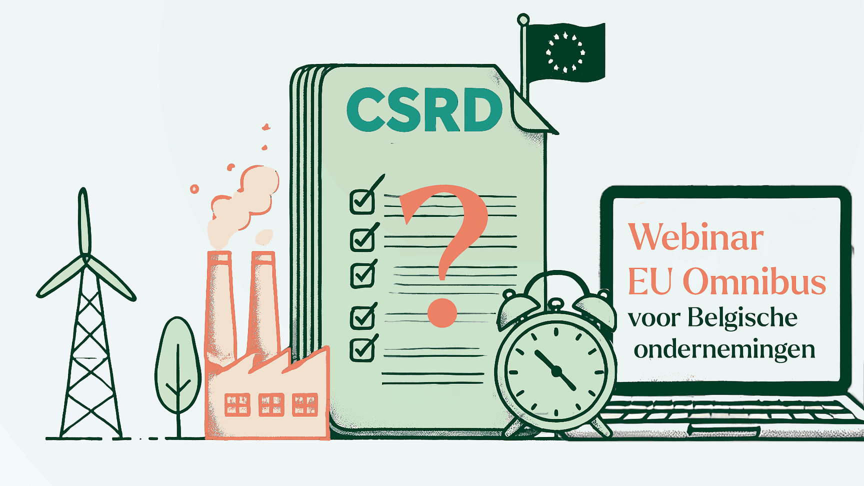 Illustratie van CSRD-regelgeving binnen de EU, met een checklistdocument, industriële iconen en een klok als symbool voor rapporteringsverplichtingen en tijdsdruk.