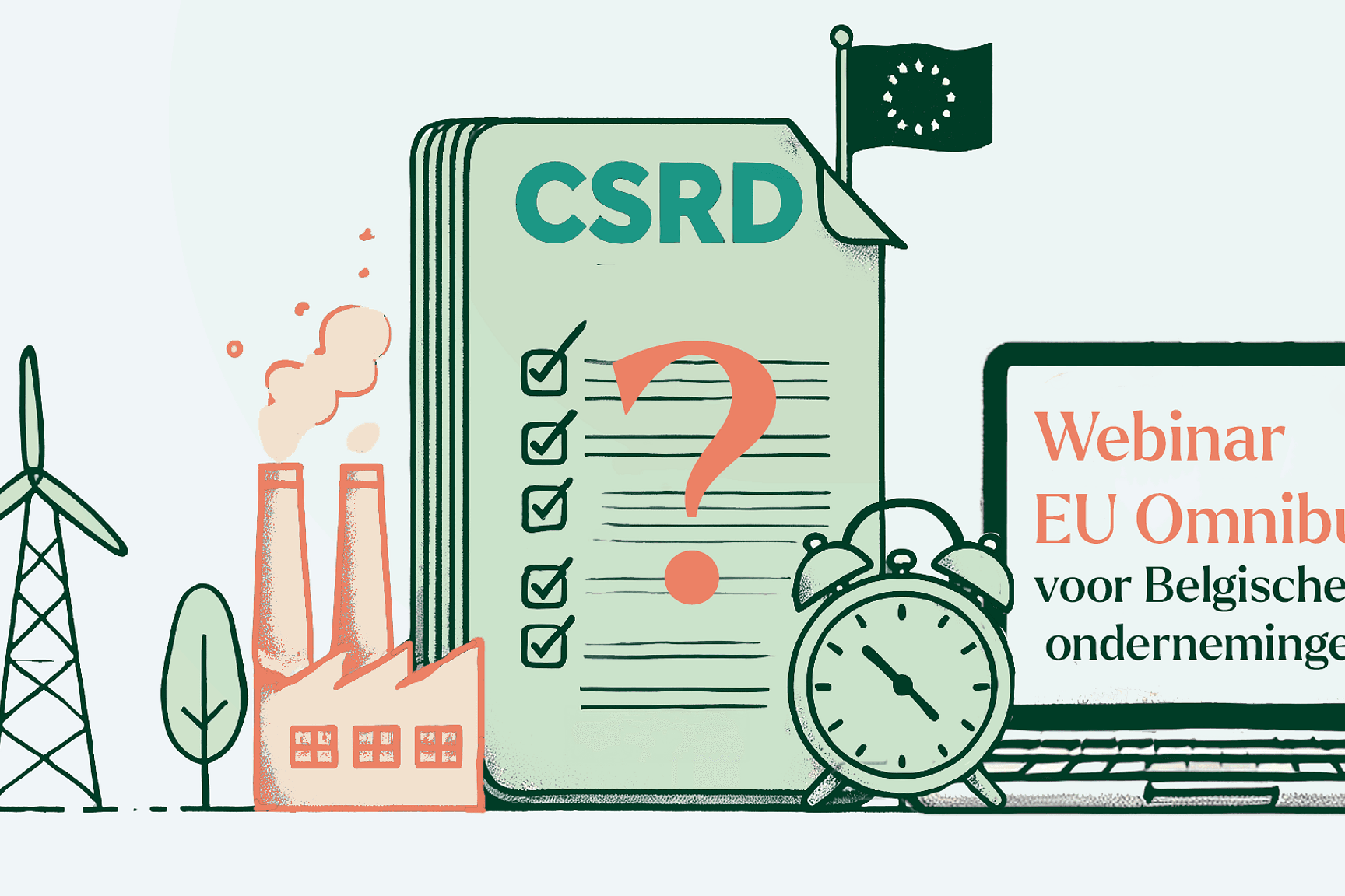 Illustratie van CSRD-regelgeving binnen de EU, met een checklistdocument, industriële iconen en een klok als symbool voor rapporteringsverplichtingen en tijdsdruk.
