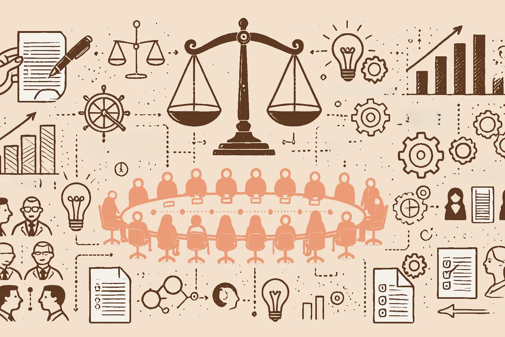 Illustratie van corporate fovernance binnen een organisatie, met een bestuursvergadering, weegschaal als symbool voor evenwicht en iconen rond strategie, samenwerking en groei.