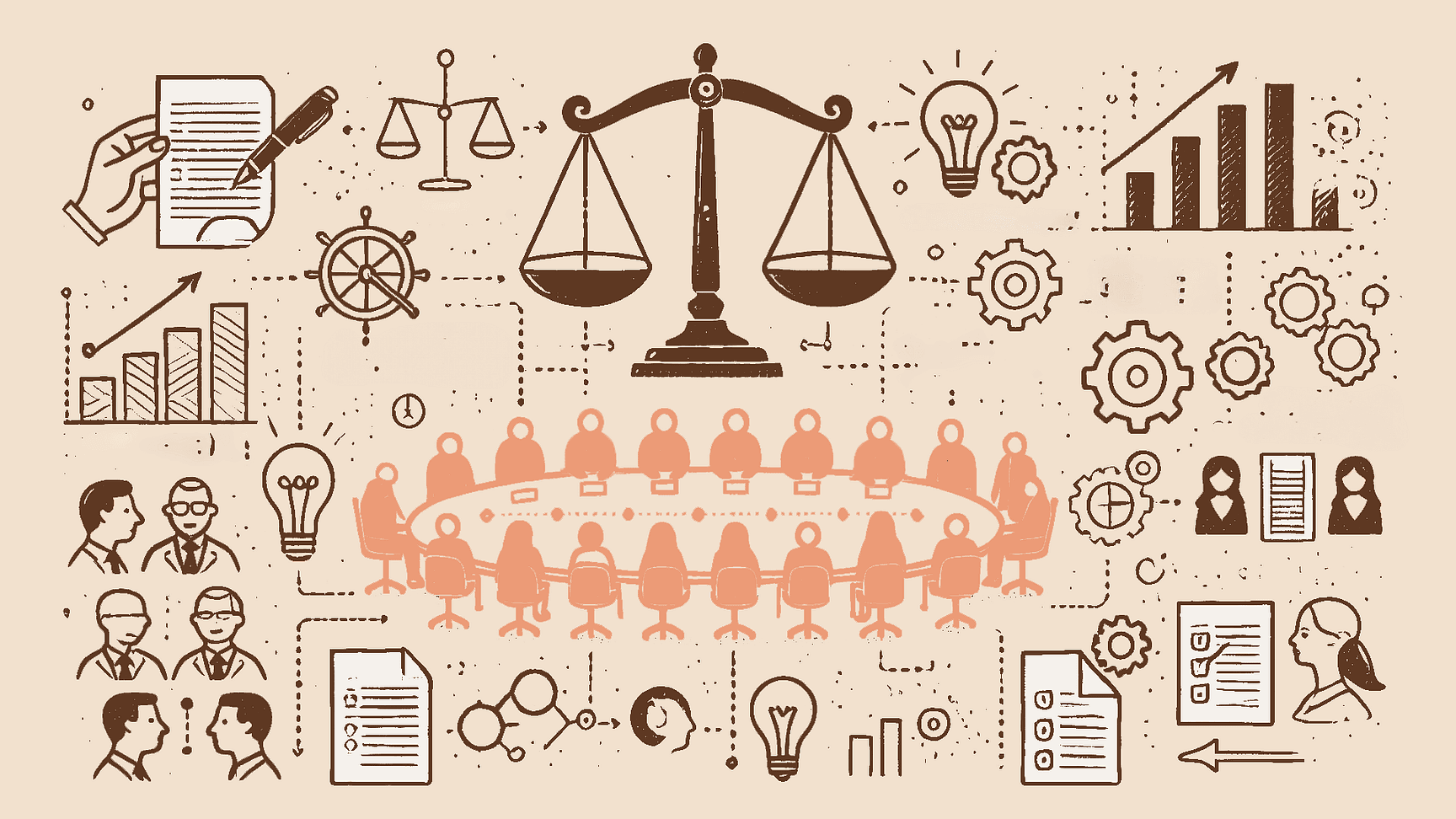 Illustratie van corporate fovernance binnen een organisatie, met een bestuursvergadering, weegschaal als symbool voor evenwicht en iconen rond strategie, samenwerking en groei.