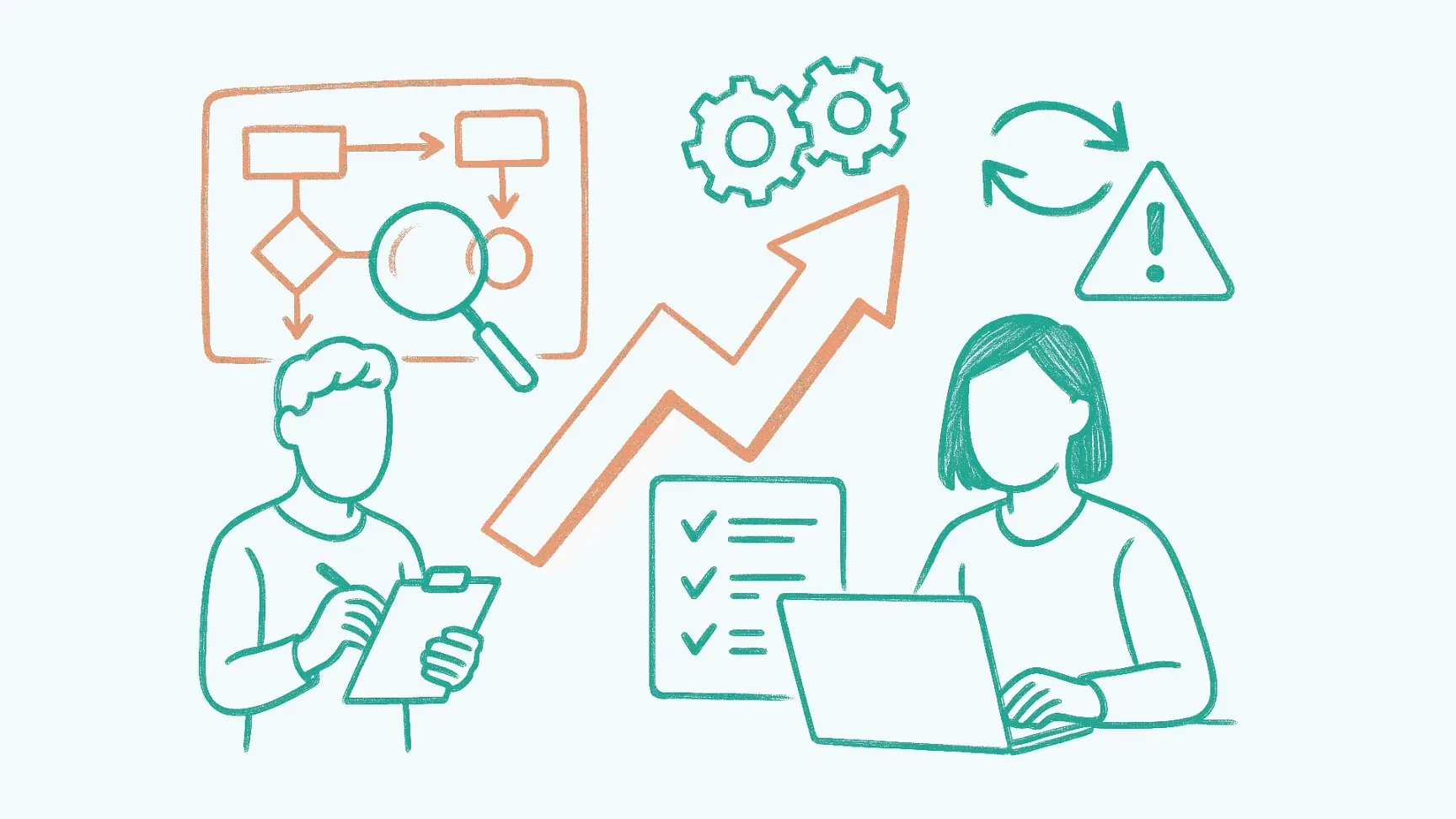 Een illustratie van 2 VGD-medewerkers die data analyseren en processen optimaliseren met grafieke, tandwielen en een goroeiende pijl als symbeel voor efficiëntie en bedrijfsoptimalisatie.