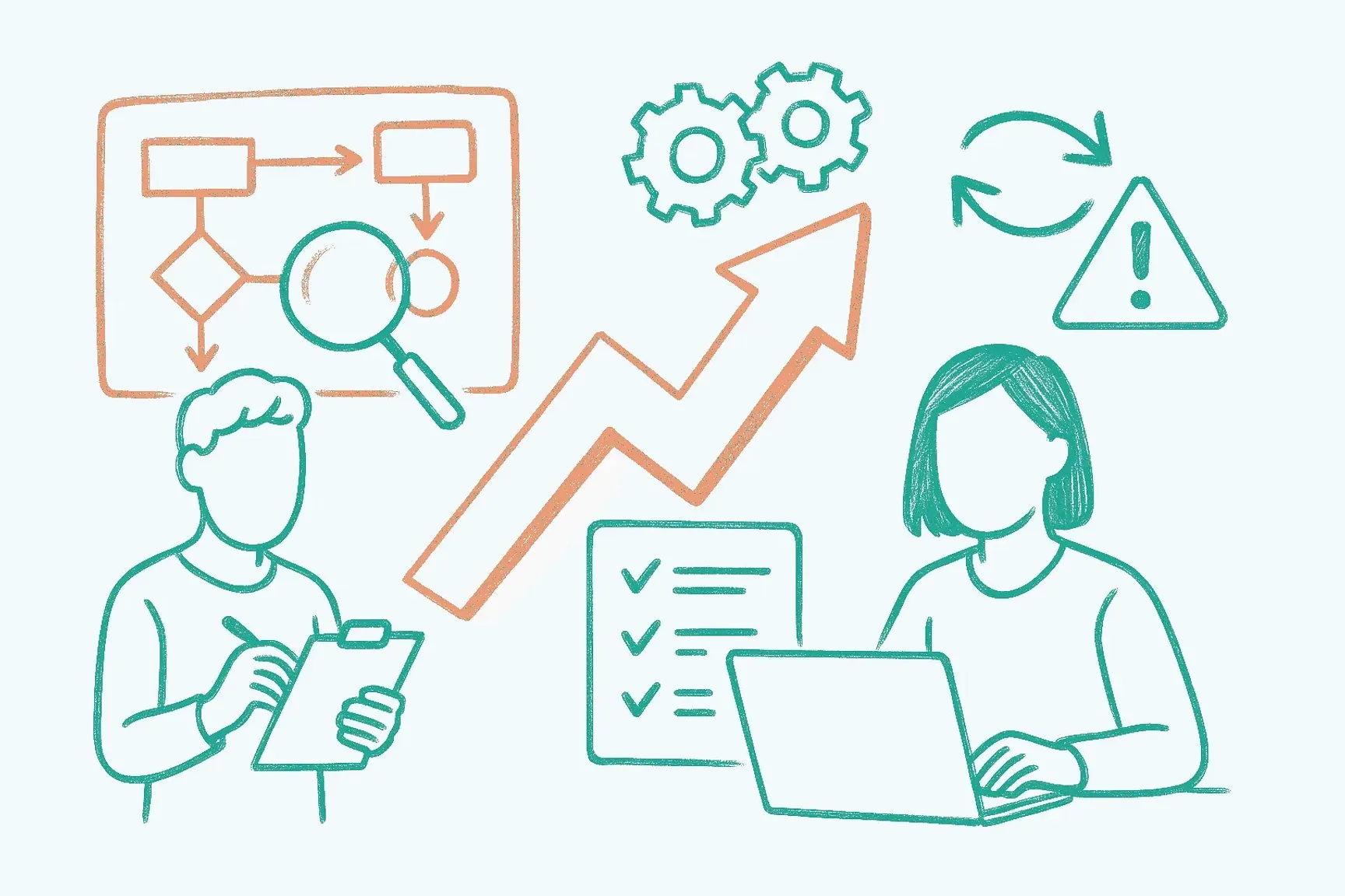 Een illustratie van 2 VGD-medewerkers die data analyseren en processen optimaliseren met grafieke, tandwielen en een goroeiende pijl als symbeel voor efficiëntie en bedrijfsoptimalisatie.