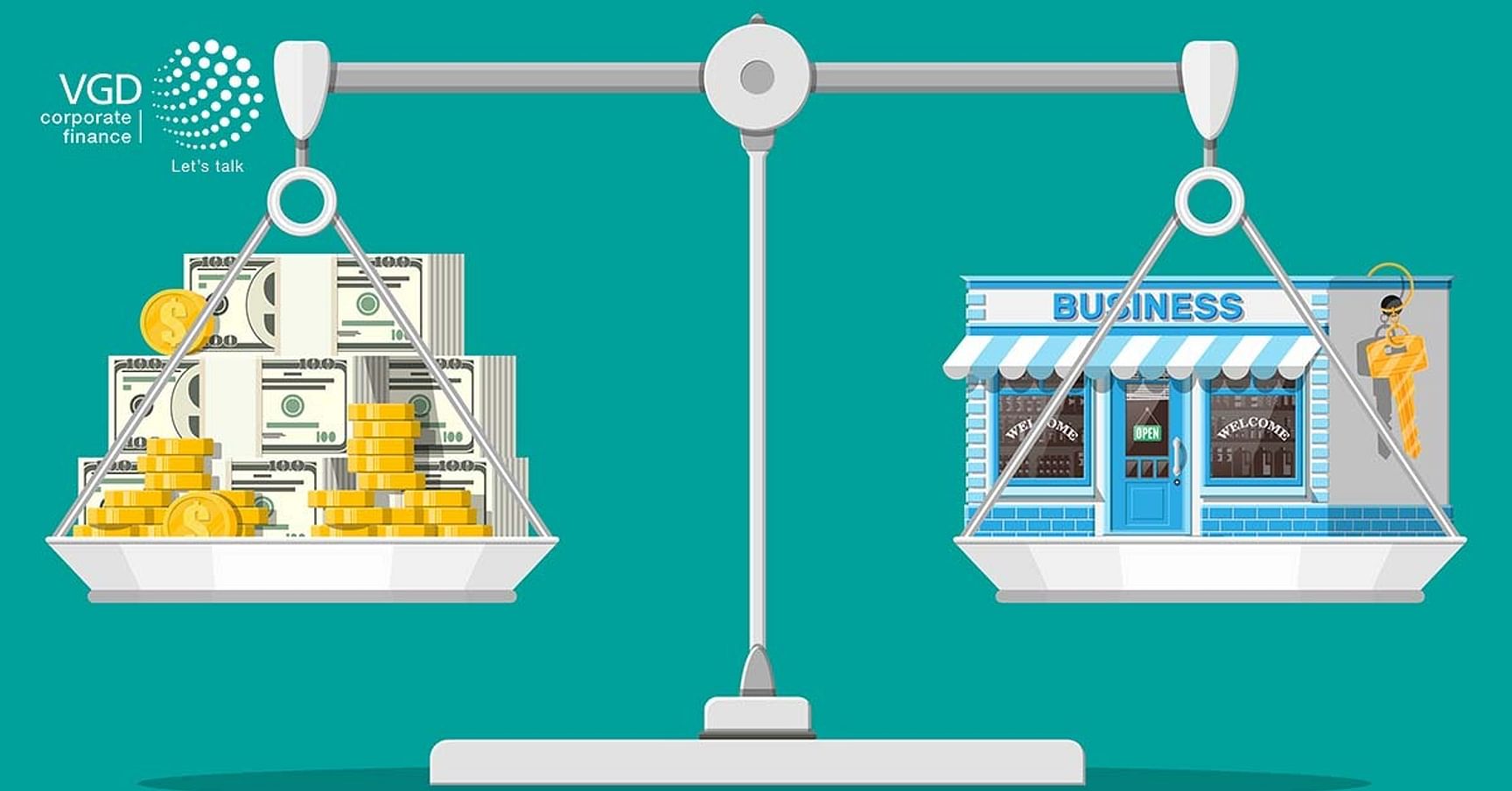 Een illustratie van een weegschaal met geld aan de ene kant en een bedrijf aan de andere kant.