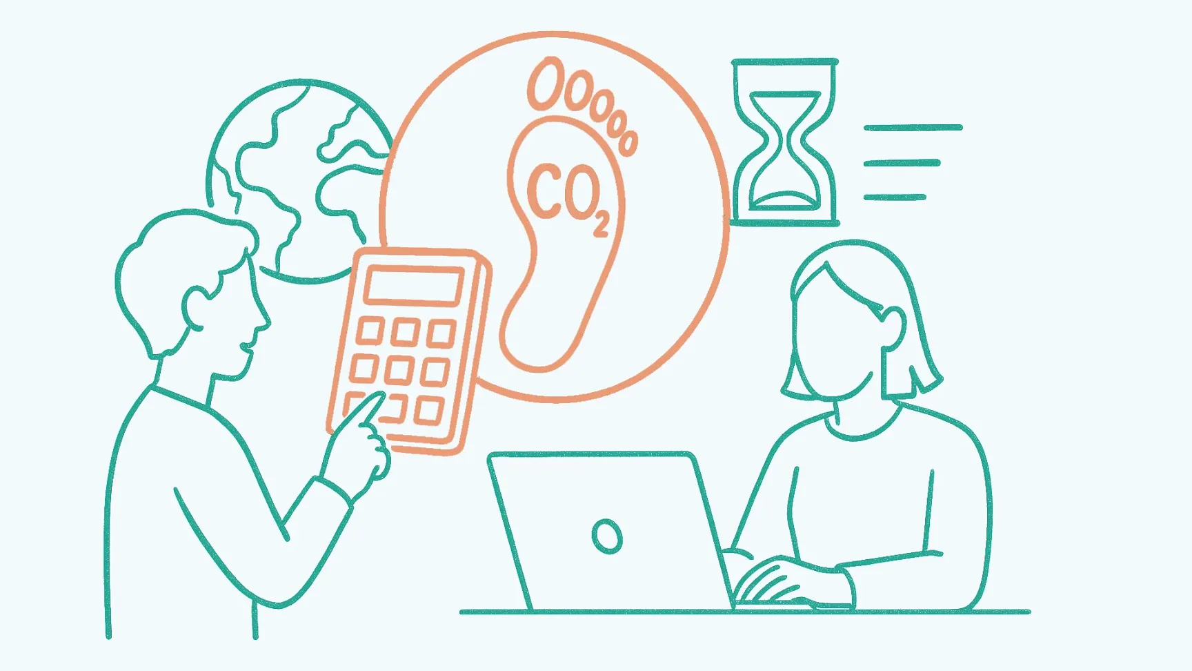 Illustratie van twee personen die de CO₂-voetafdruk berekenen, met een rekenmachine, laptop, aardbol en zandloper als symbolen voor duurzaamheid en tijdsdruk.