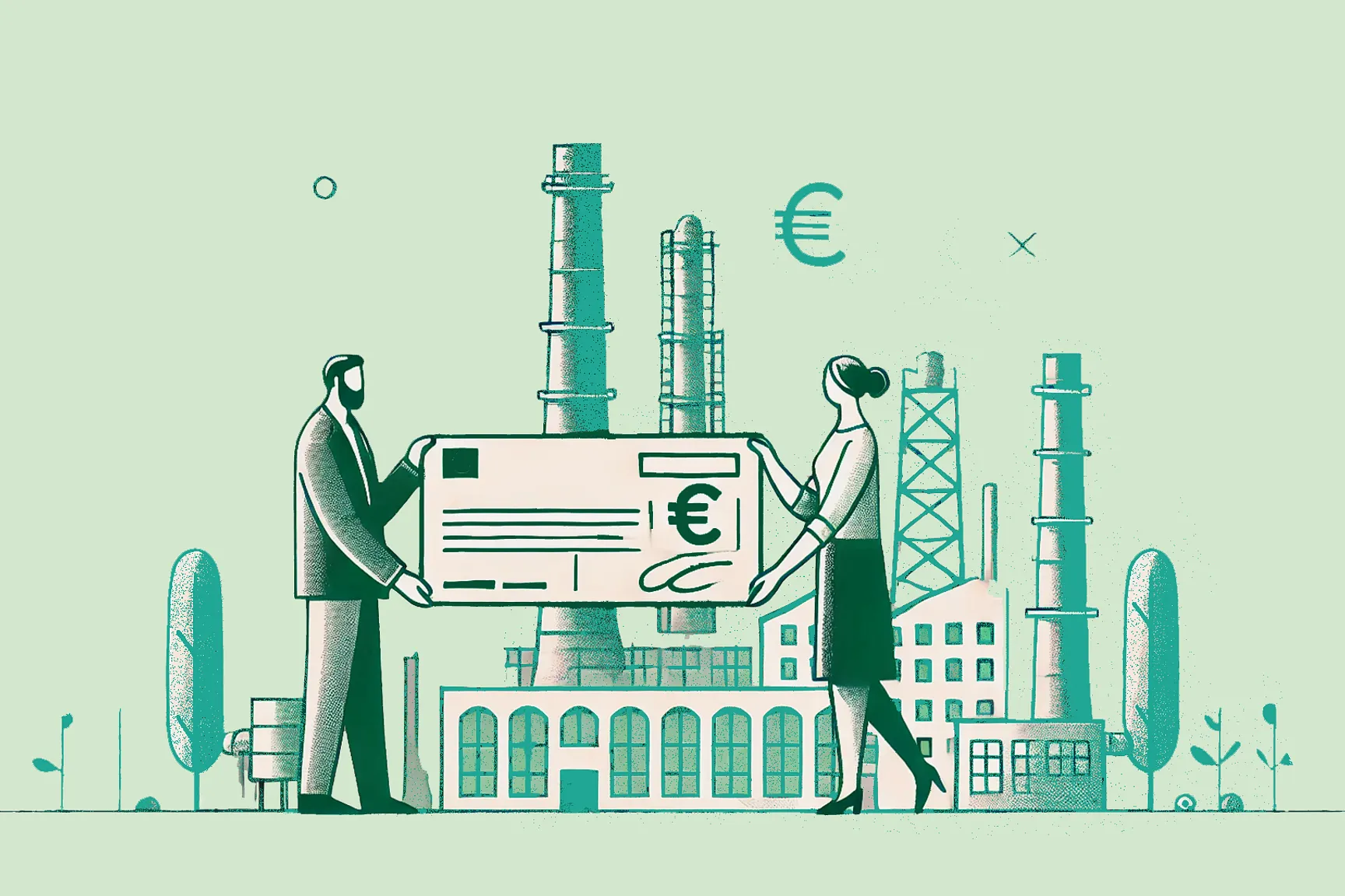 Illustratie van twee partijen die een bedrijfsovername financieren, met een cheque en industriële achtergrond als symbool voor investering en financiering.