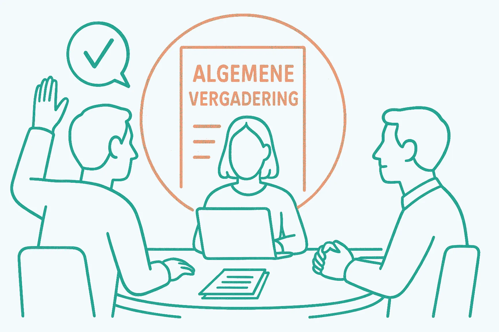 Illustratie van drie personen tijdens een algemene vergadering, waarbij één persoon de hand opsteekt om te stemmen of akkoord te geven.