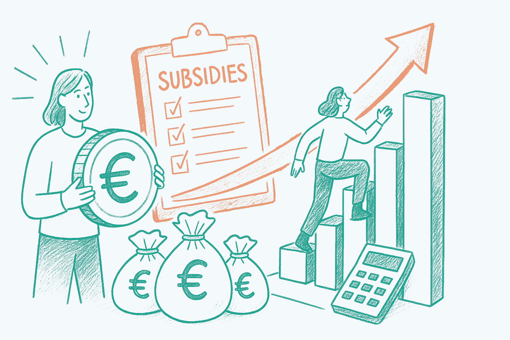 Illustratie van een ondernemer die investeerd met behulp van subsidies, met eurotekens, een checklist en een stijgende grafiek als symbool voor financiële groei.