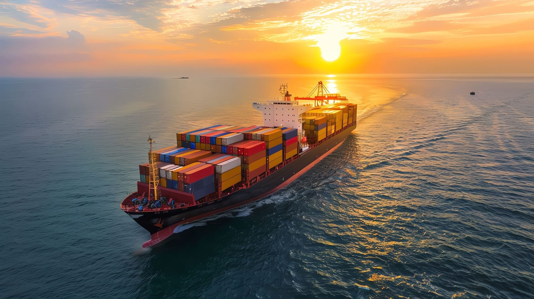 Containerschip met vrachtcontainers op zee bij zonsondergang.