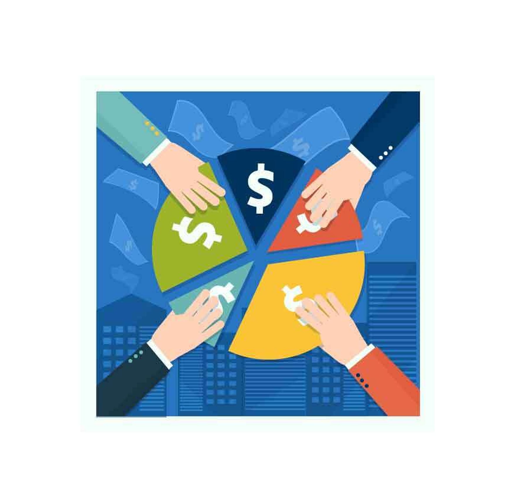 Een illustratie van verschillende handen rond een cirkel die opgedeeld is in financiële segmenten met dollartekens.