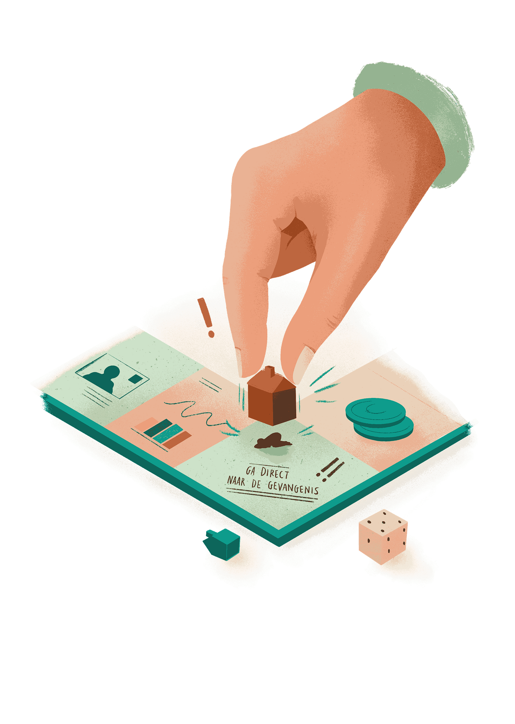 Een illustratie van een hand dat een huistje van op een bordspel opheft om te kijken wat eronder terug te vinden is.