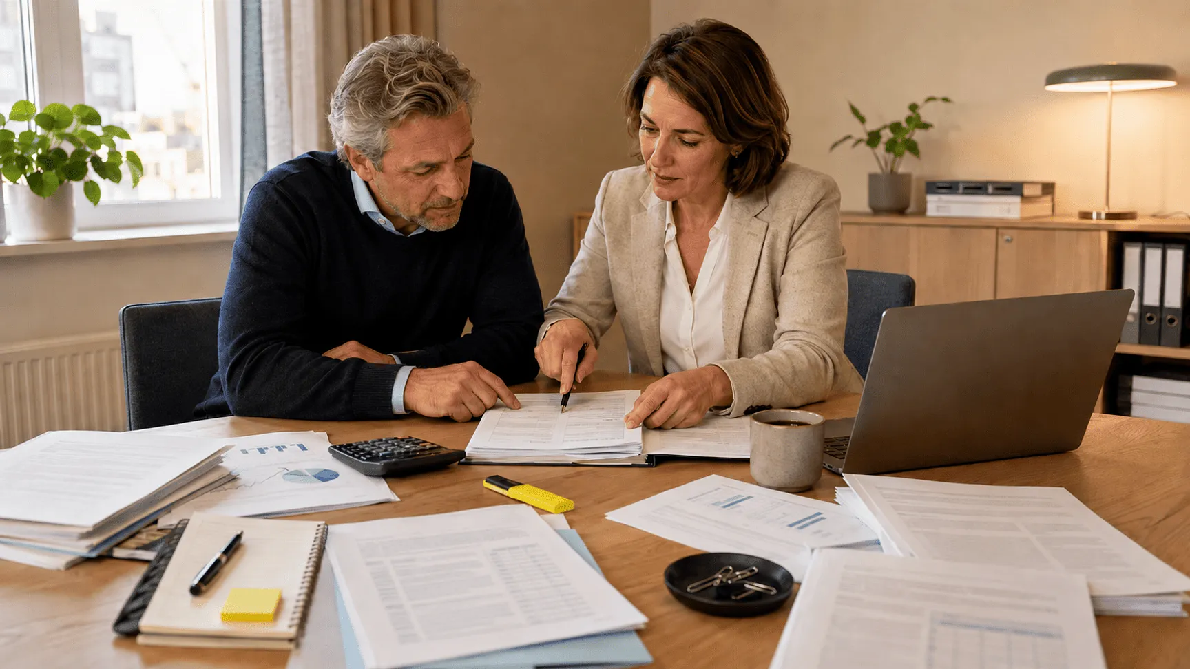 Twee personen zitten samen aan een tafel en bekijken documenten terwijl ze iets aanduiden met een pen.