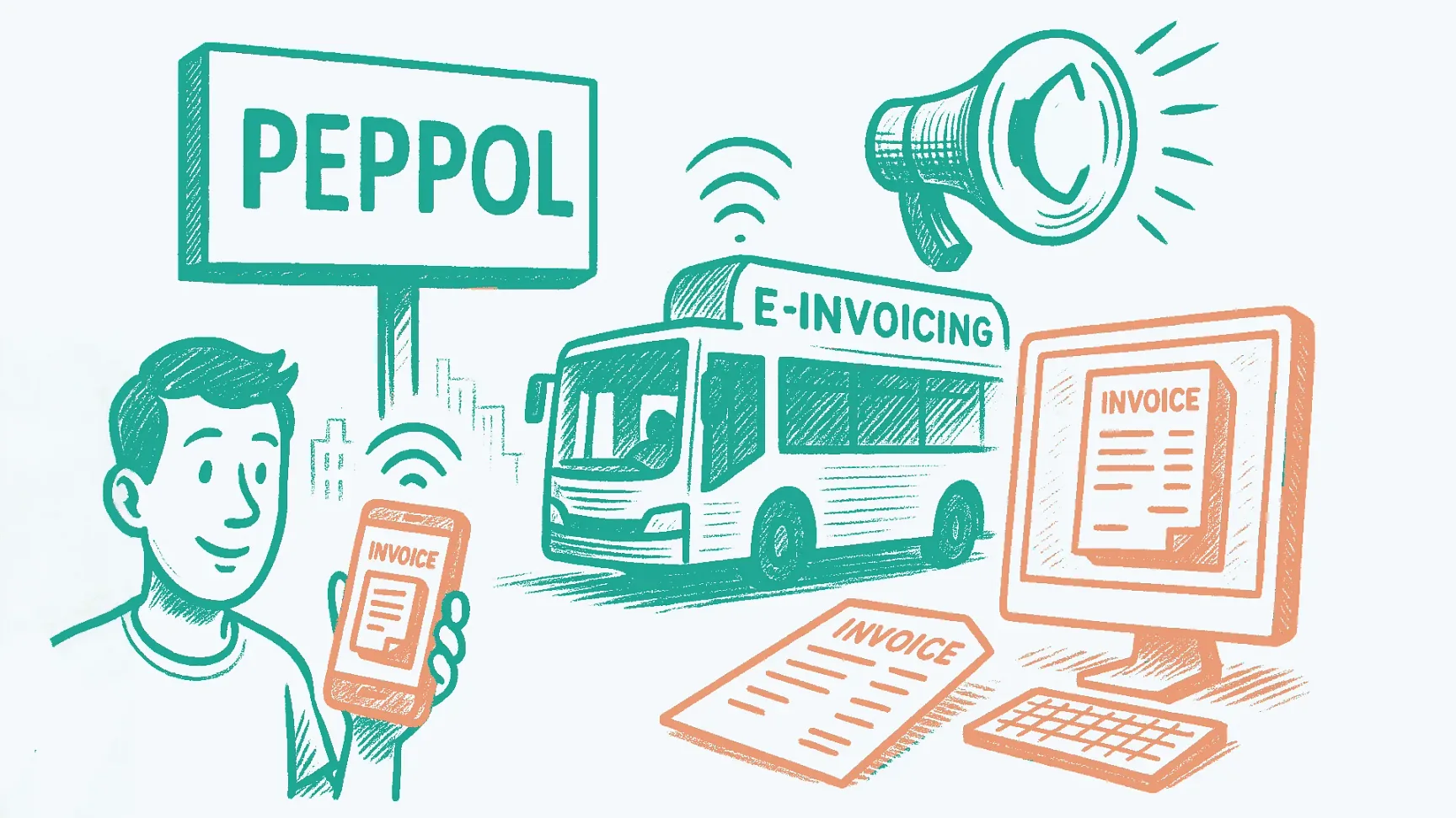 Een tekening met verschillende icons op zoals een billboard met daarop de tekst PEPPOL, een bus met daarop de tekst e-invoicing, een computerscherm, een persoon dat een smartphone vasthoudt en een luidspreker.
