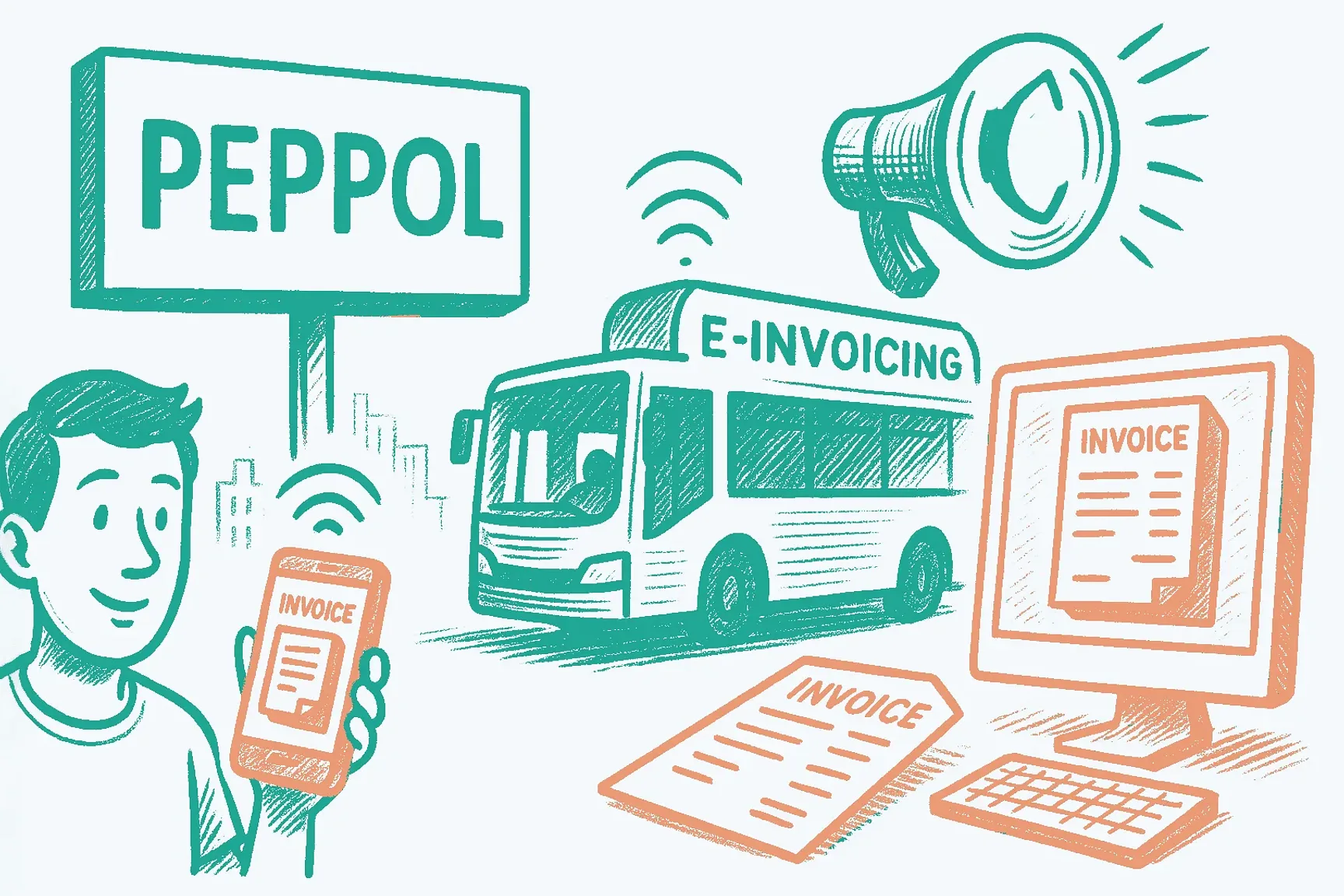 Een tekening met verschillende icons op zoals een billboard met daarop de tekst PEPPOL, een bus met daarop de tekst e-invoicing, een computerscherm, een persoon dat een smartphone vasthoudt en een luidspreker.