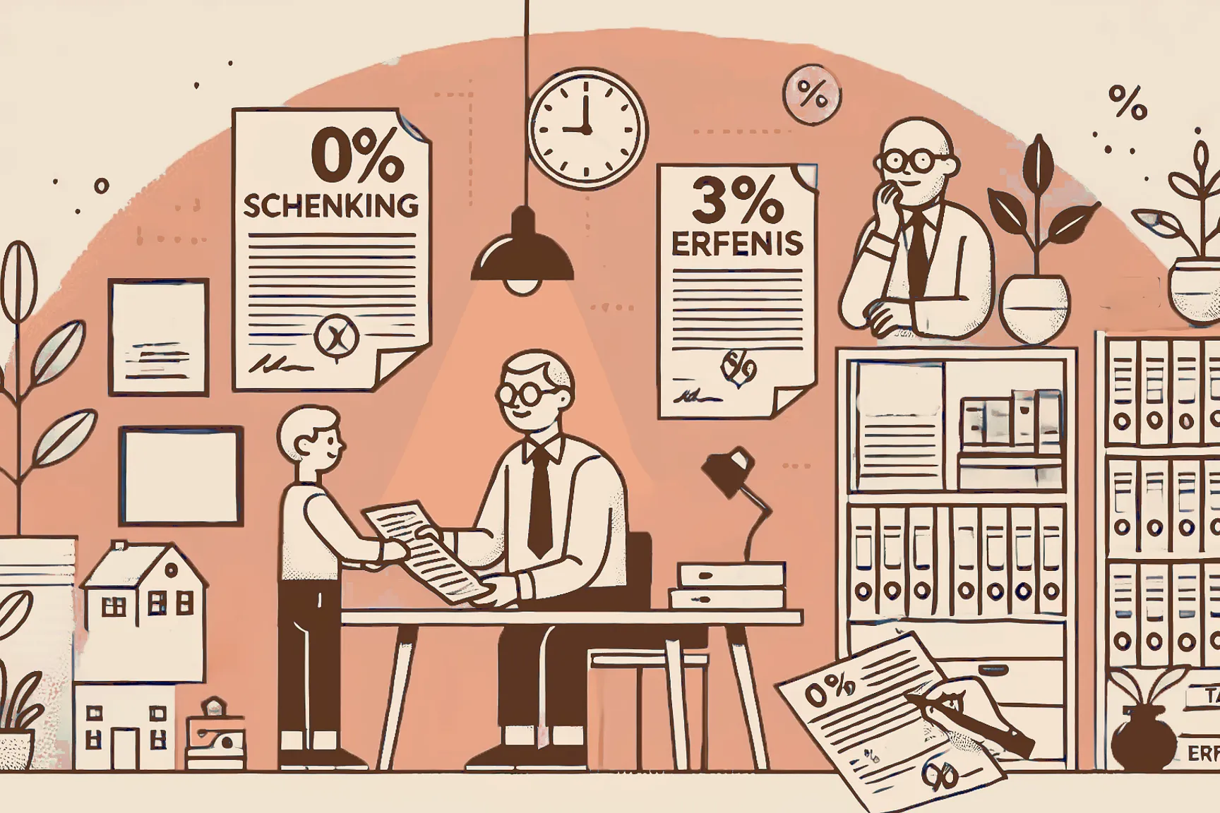 Illustratie van een adviesgesprek rond familiale vennootschappen, met documenten over schenking en erfenis die fiscale voordelen en voorwaarden weergeven.