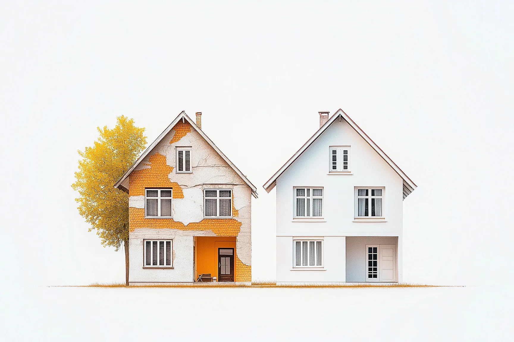 Afbeelding van twee woningen naast elkaar, één in renovatie en één afgewerkt. Als illustratie van de renovatieplicht en EPC-vereisten.