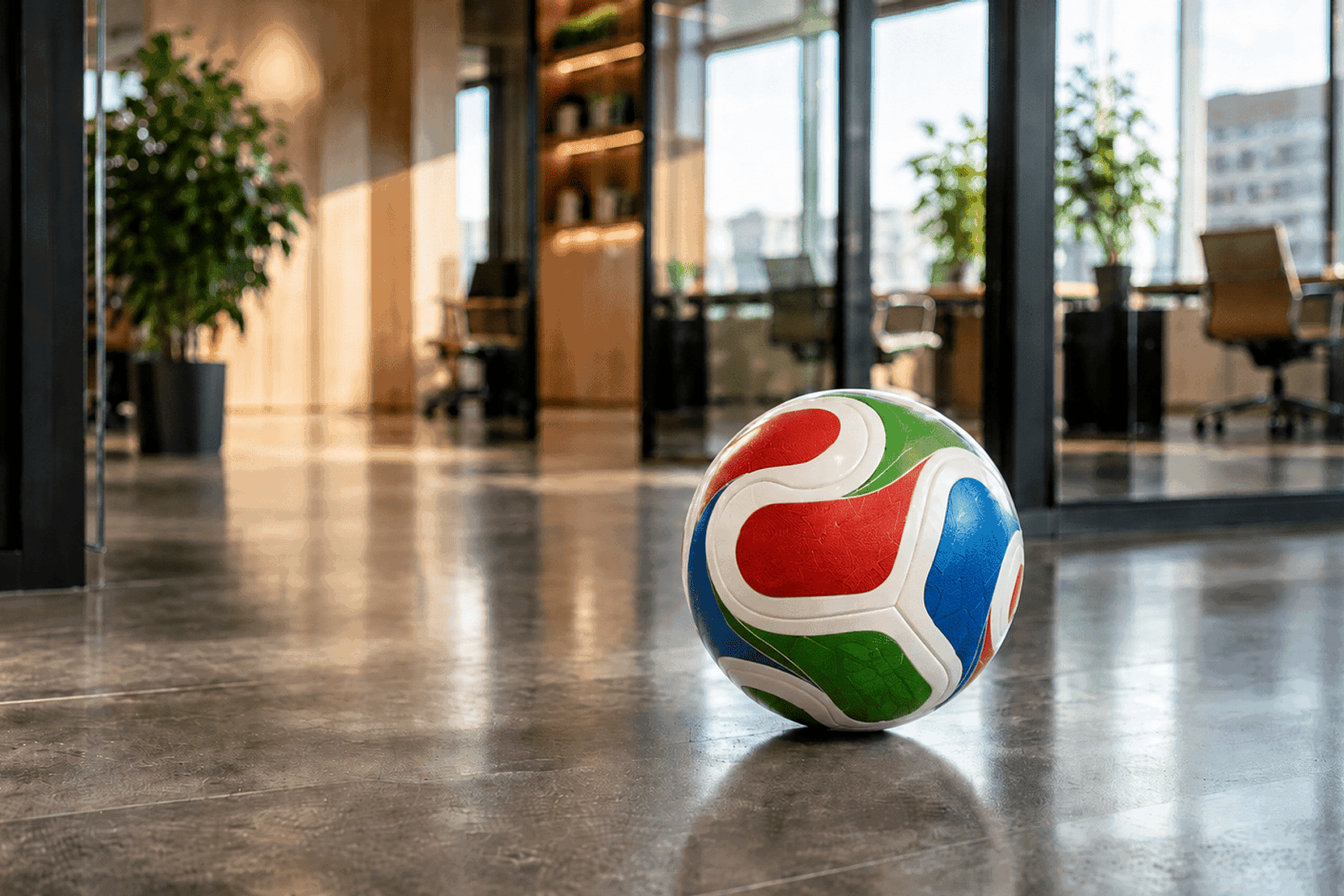 Voetbal dat op de vloer van een kantoor ligt.