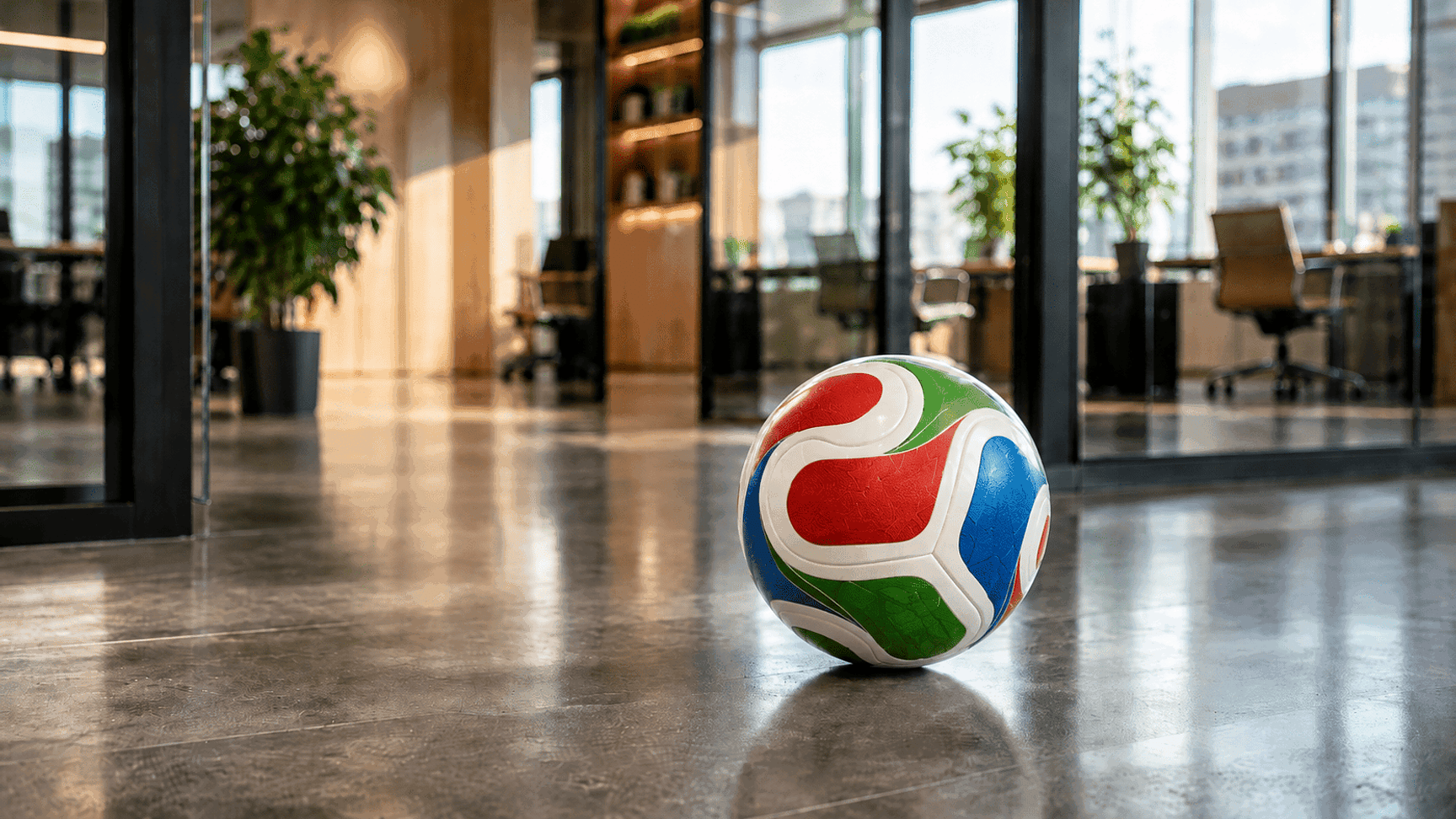 Voetbal dat op de vloer van een kantoor ligt.