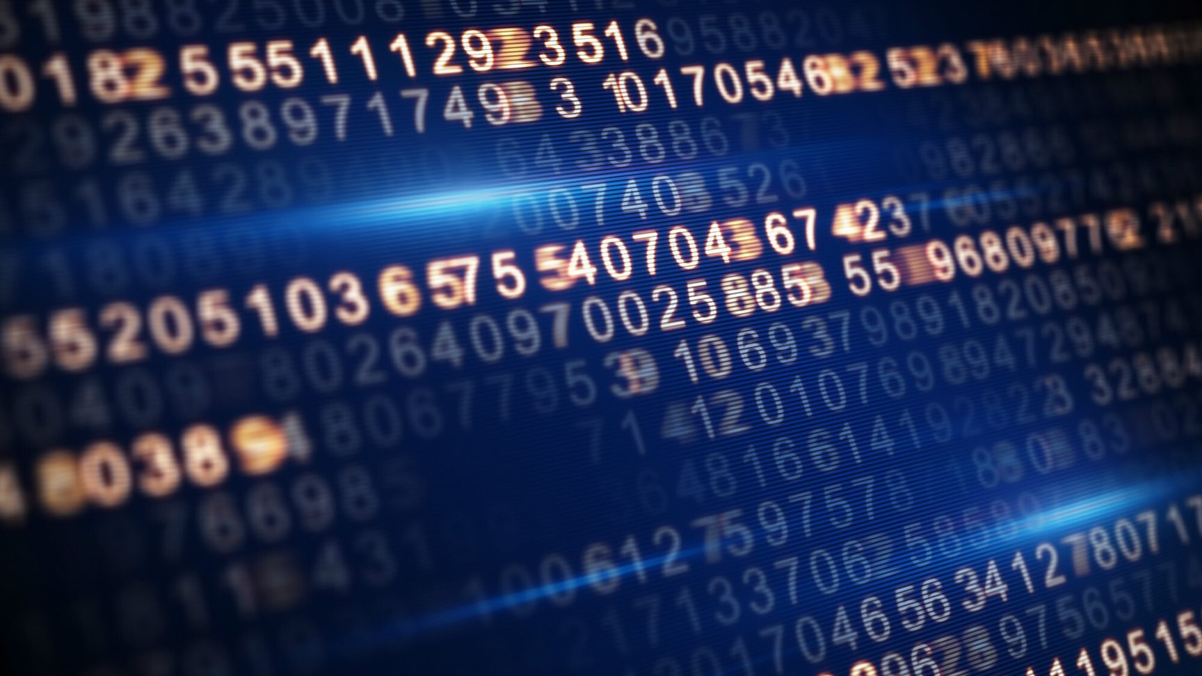 Close-up van rijen cijfers en data op een digitaal scherm met blauwe lichtaccenten.