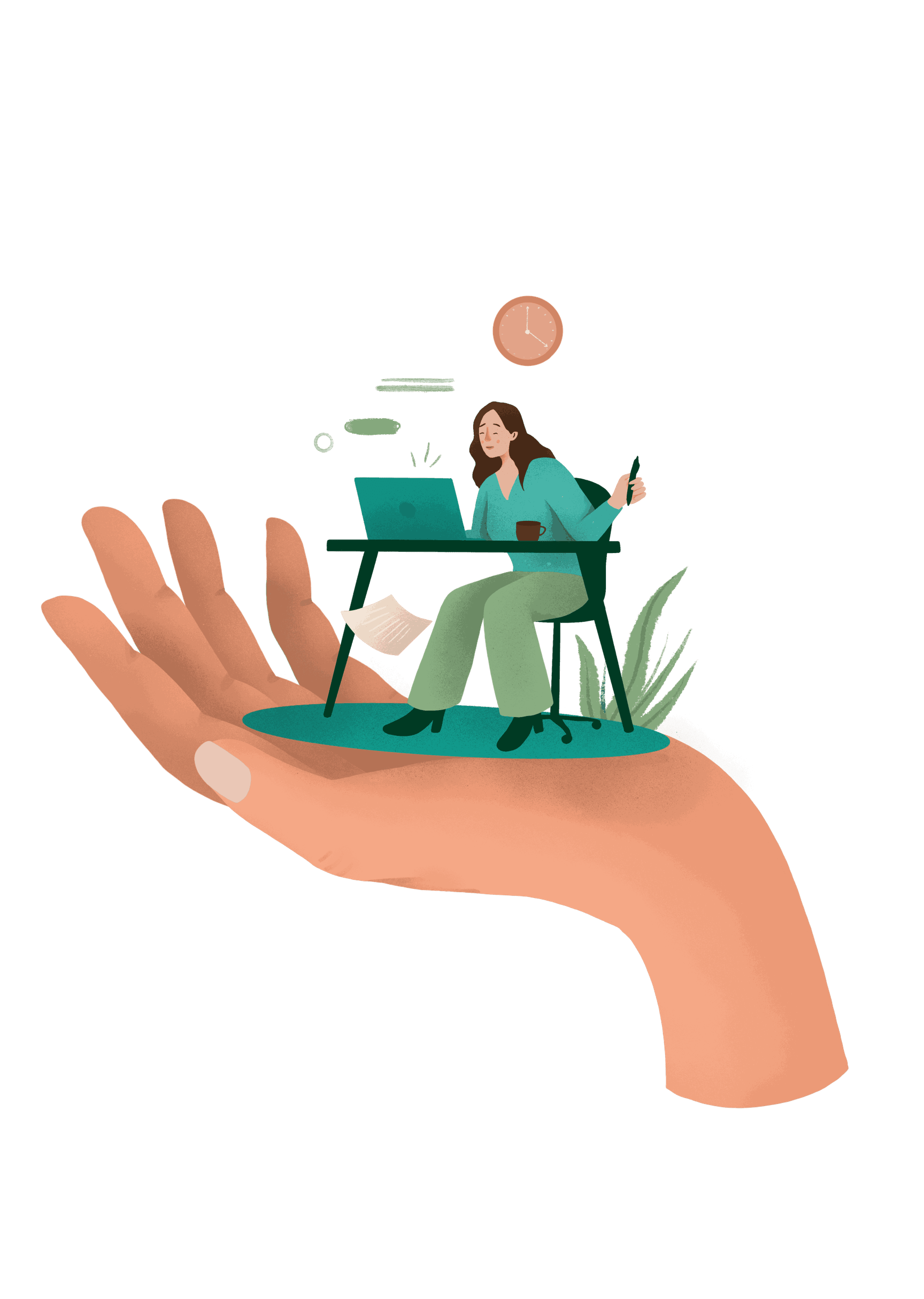 Een illustratie van iemand die aan het werken is op een laptop aan een bureau met een koffietas en klok op de achtergrond.