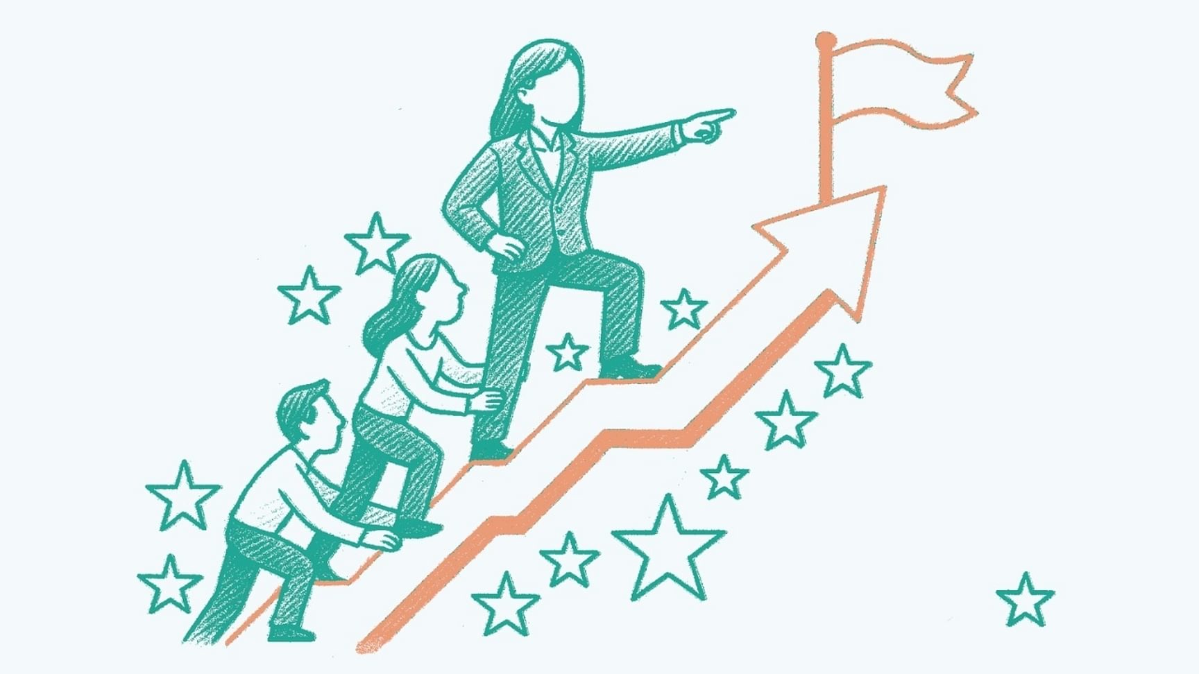 Illustratie van teamleden die een onderneming stap voor stap naar succes begeleiden. Ze volgen een stijgende grafiek met bovenaan een vlag.