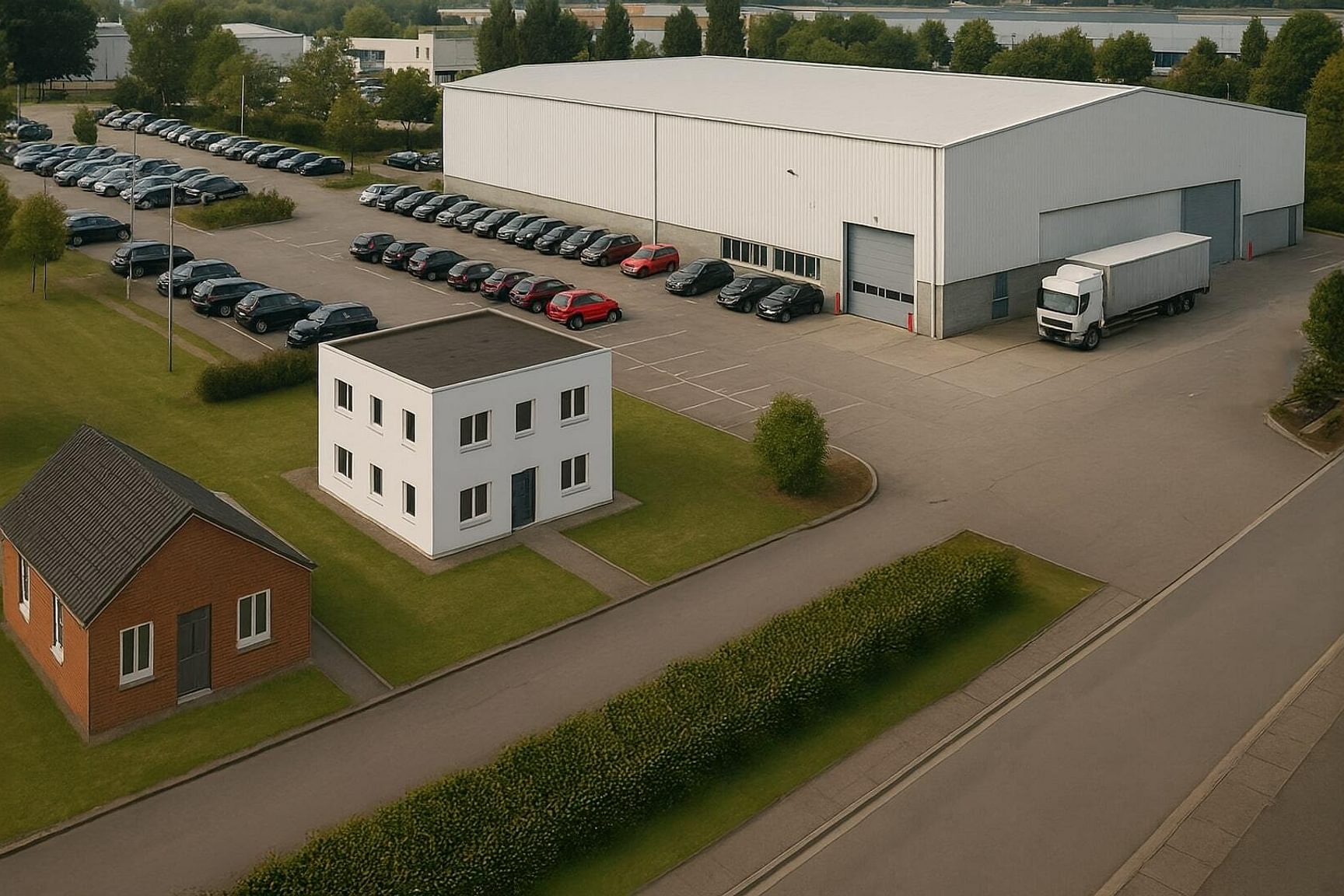 Luchtfoto van een bedrijfsterrein met een groot wit magazijn, parkeerplaatsen met auto’s, een vrachtwagen bij de laadruimte en enkele kantoorgebouwen naast een weg.