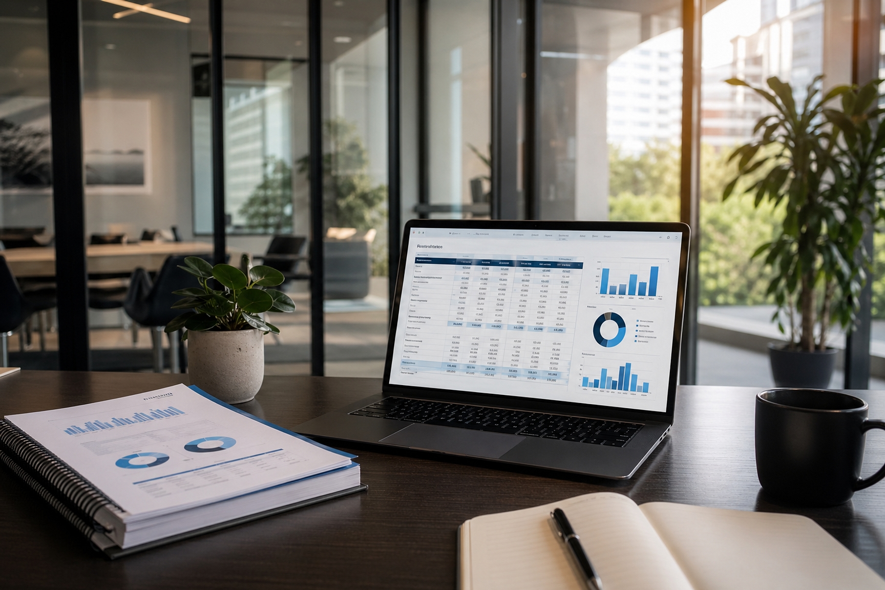 Overzicht van financiële consolidatie met rapporten en dashboards op een laptop in kantooromgeving