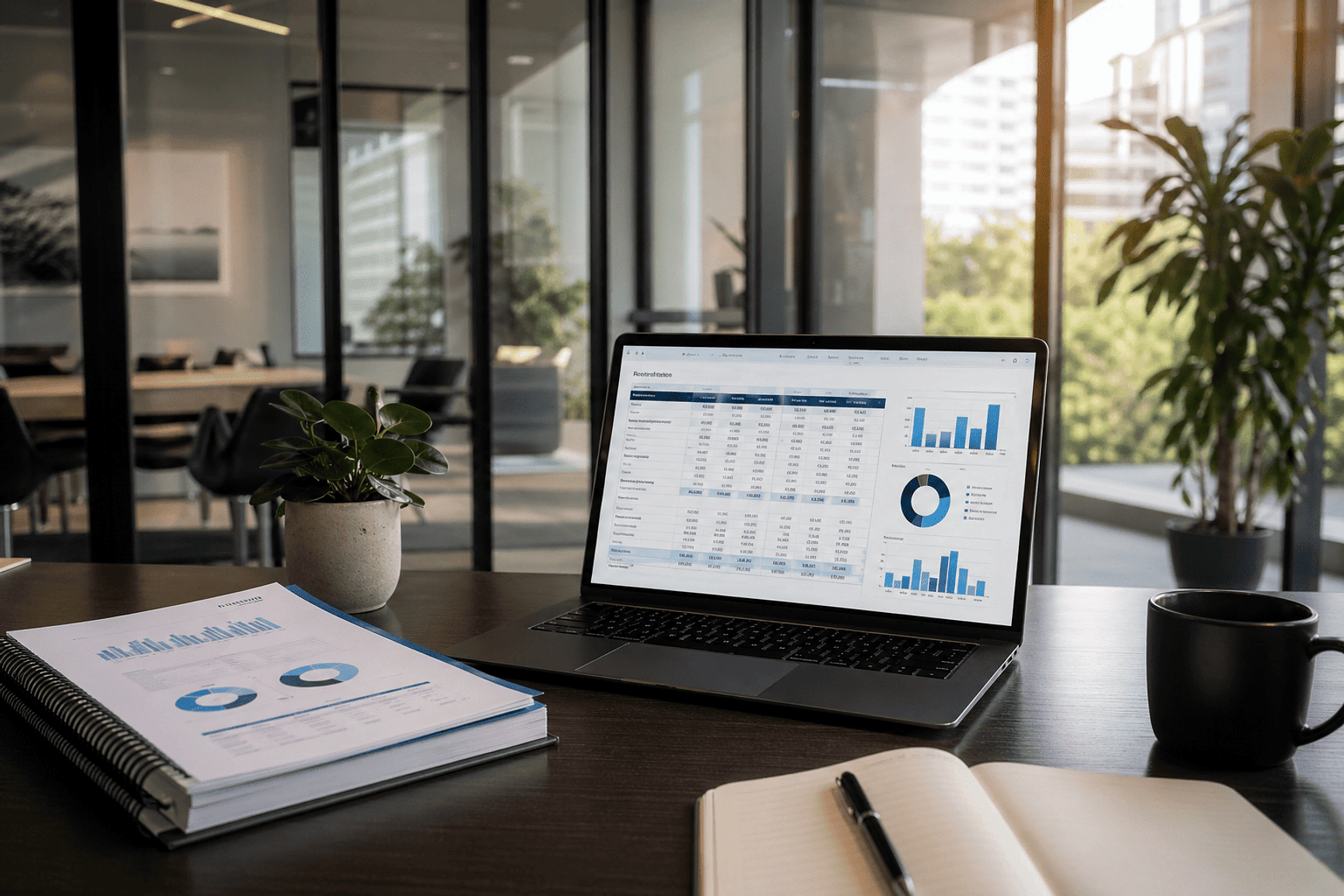 Overzicht van financiële consolidatie met rapporten en dashboards op een laptop in kantooromgeving