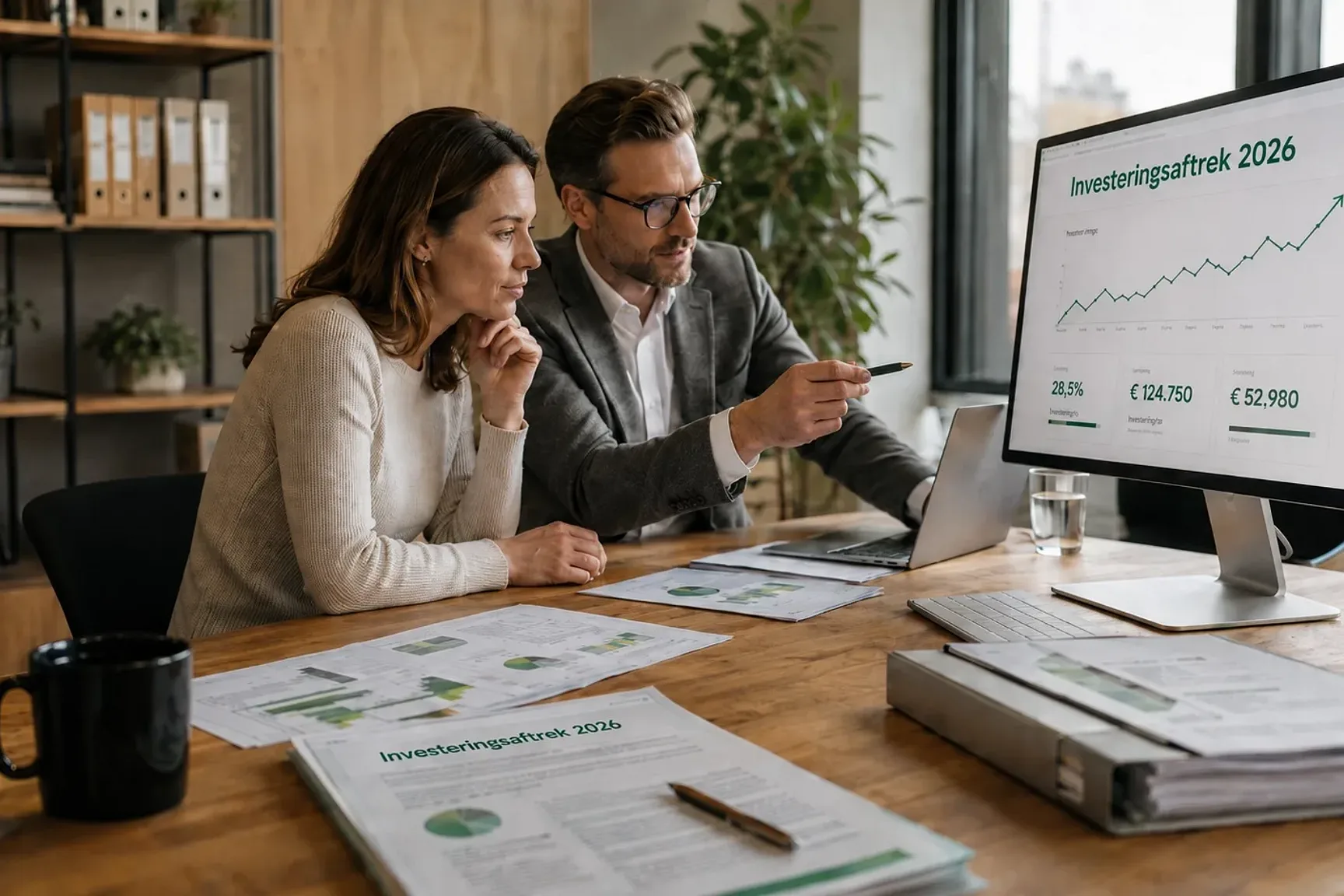 Een afbeelding van een VGD-medewerker dat een klent uitleg geeft voer investeringsaftrek in 2026. Ze zitten aan een licht houten bureau met een aantal fiscale documenten voor hen, een laptop en een computerscherm.