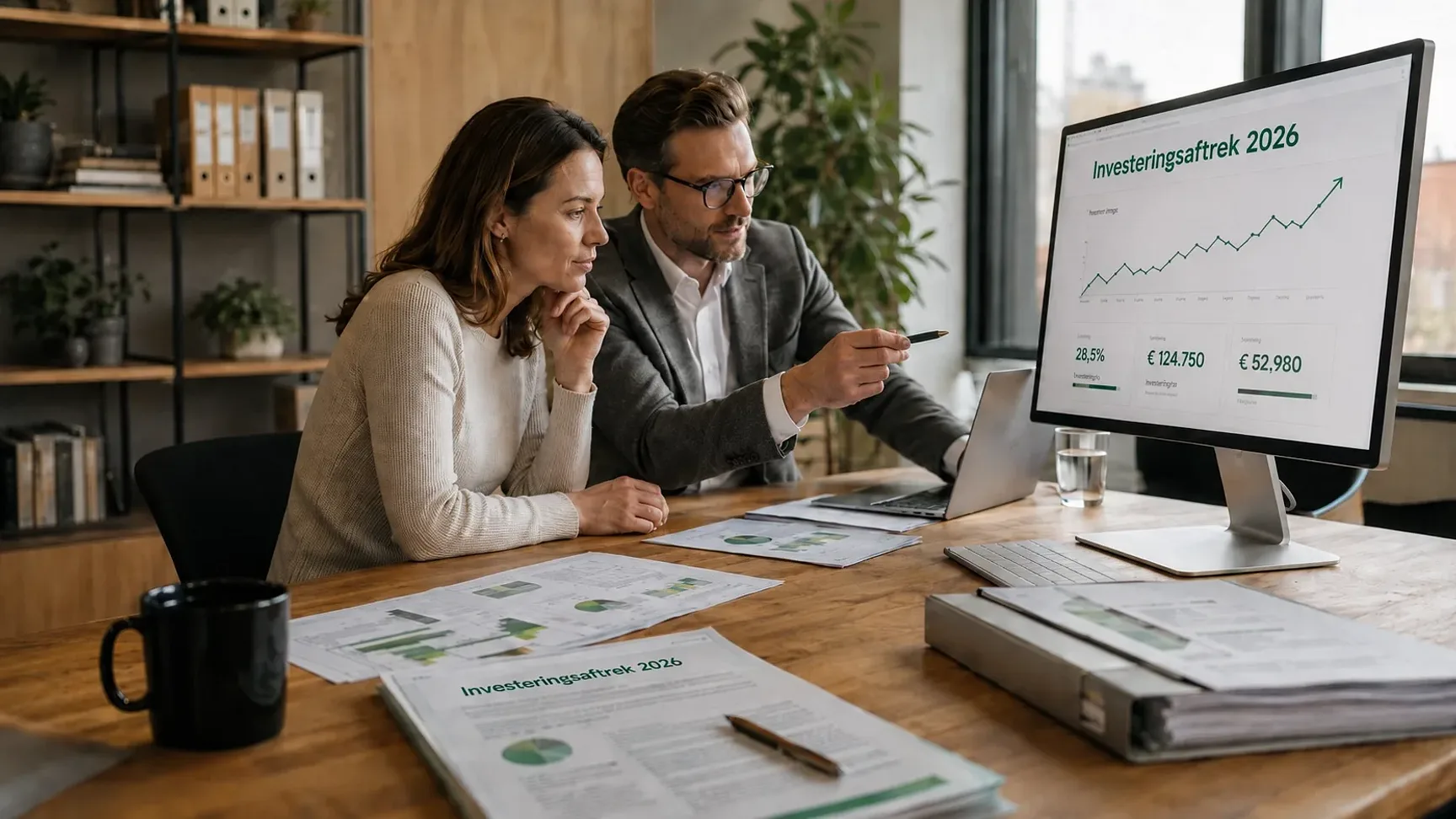 Een afbeelding van een VGD-medewerker dat een klent uitleg geeft voer investeringsaftrek in 2026. Ze zitten aan een licht houten bureau met een aantal fiscale documenten voor hen, een laptop en een computerscherm.