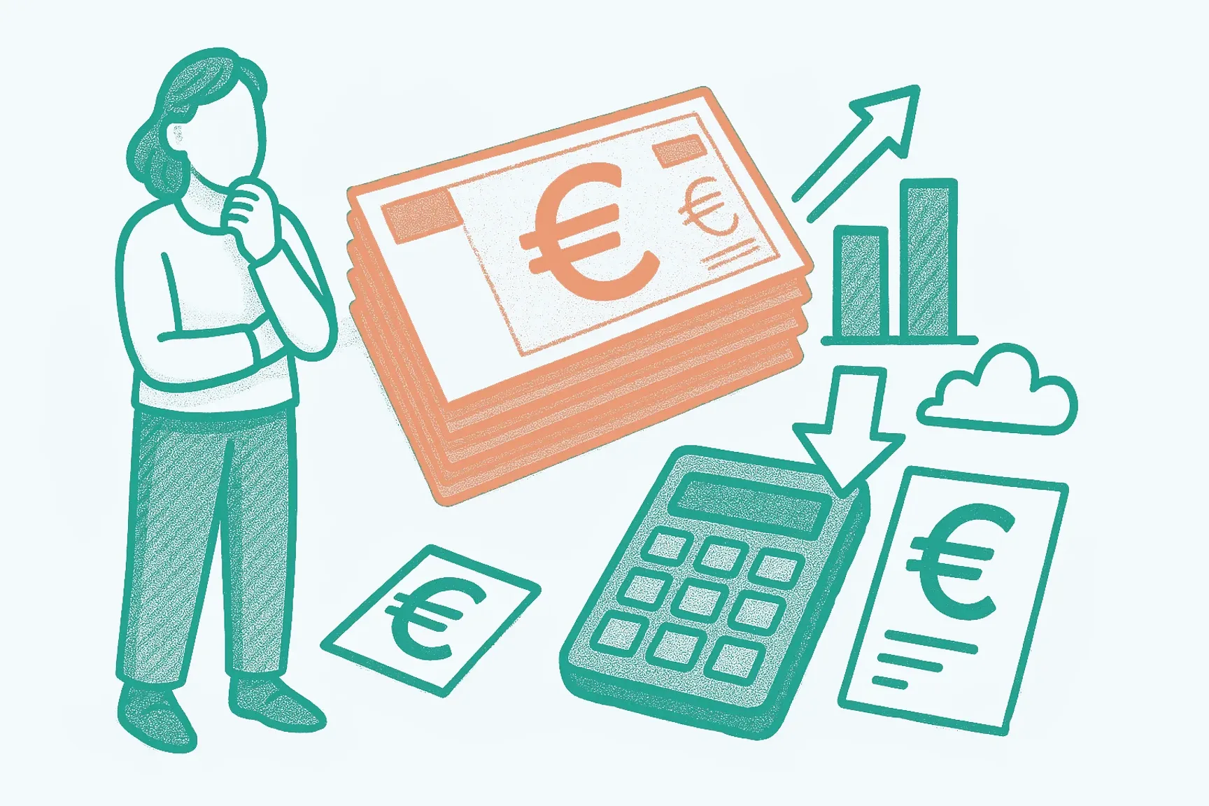 Een tekening van icons. Onder andere een persoon, geld, een stijgende grafiek, eurotekens en een rekenmachine.