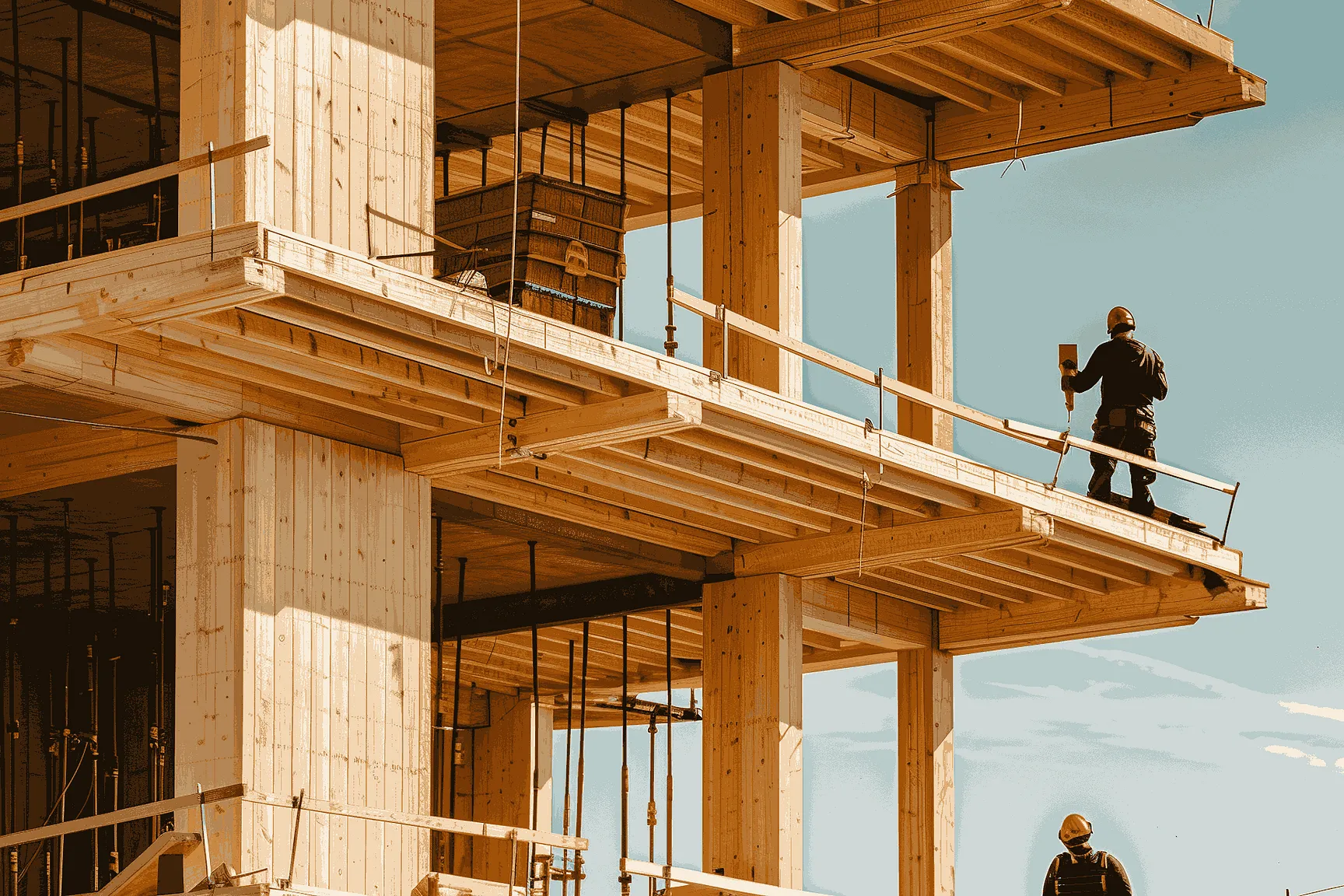 Foto van werkzaamheden op een werk met houten structuur, als symbool voor regelgeving en registratieverplichtingen in de bouw- en schoonmaaksector.