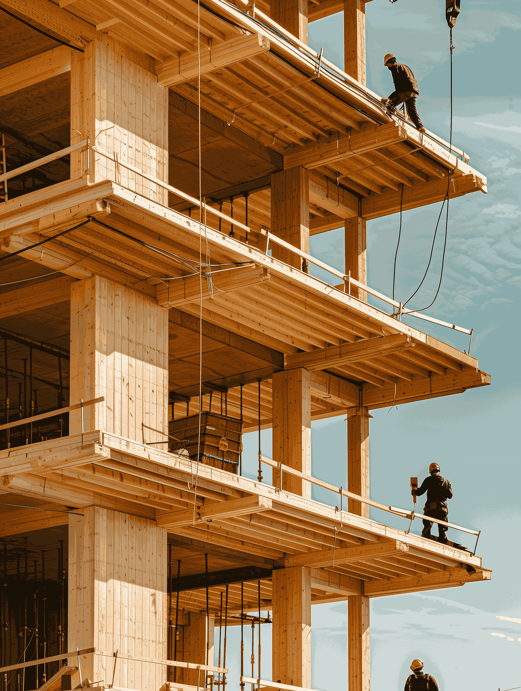 Foto van werkzaamheden op een werk met houten structuur, als symbool voor regelgeving en registratieverplichtingen in de bouw- en schoonmaaksector.