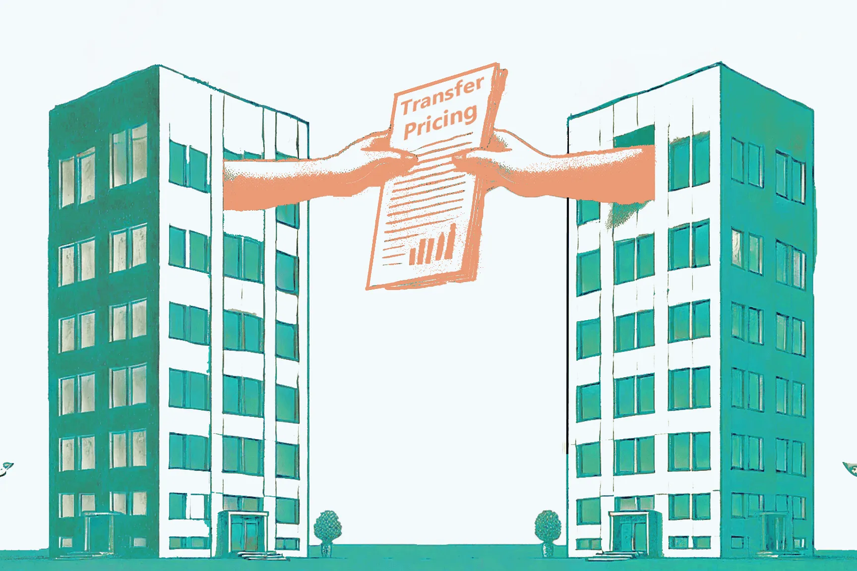 Een tekening van 2 gebouwen die aan elkaar een document met daarop Transfer Pricing doorgeven.