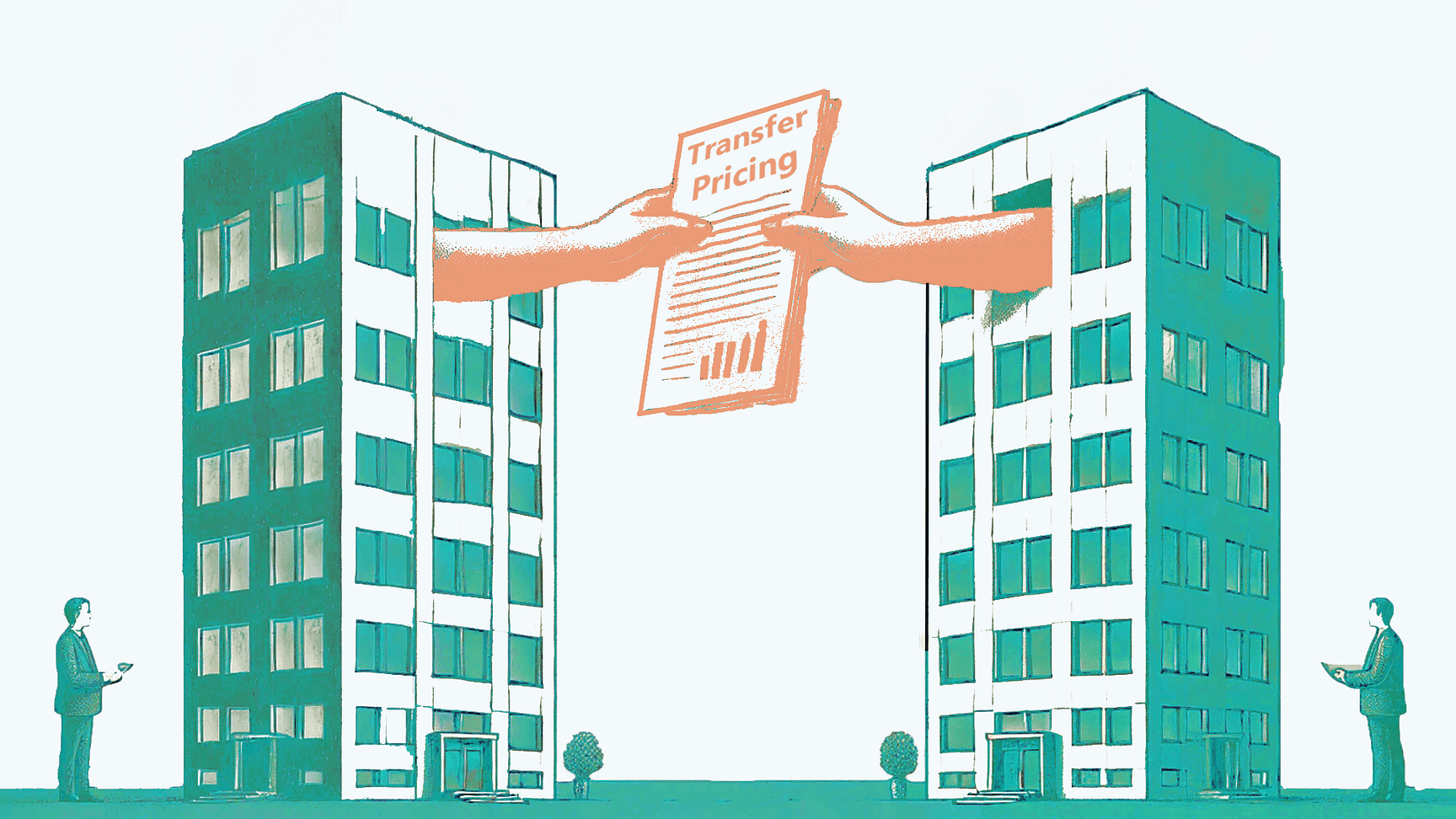 Een tekening van 2 gebouwen die aan elkaar een document met daarop Transfer Pricing doorgeven.