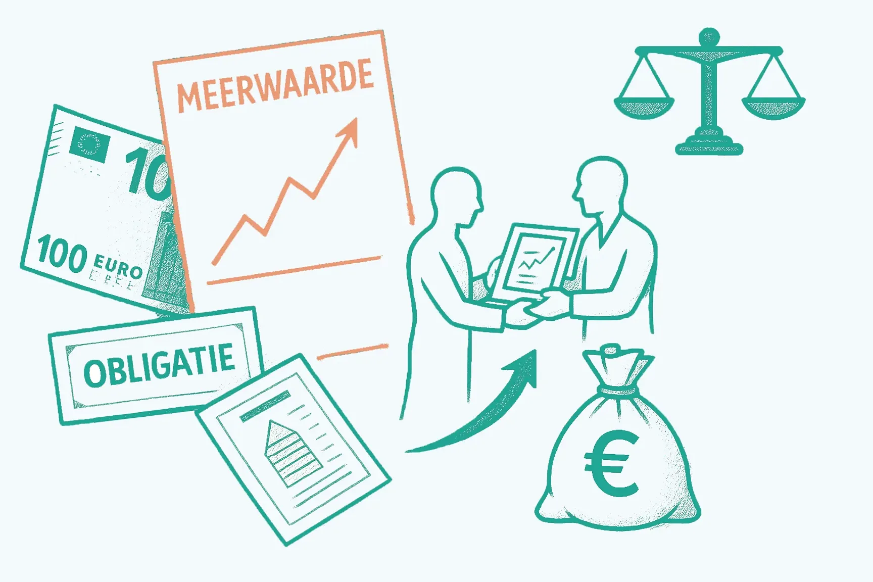 Een tekening met daarop icons zoals een weegschaal, een zag geld met het euroteken erop, 2 personen die een document aan elkaar overhandigen, een 100 euro cashbiljet en een stijgende grafiek in verband met meerwaardebelasting voor ondernemers.
