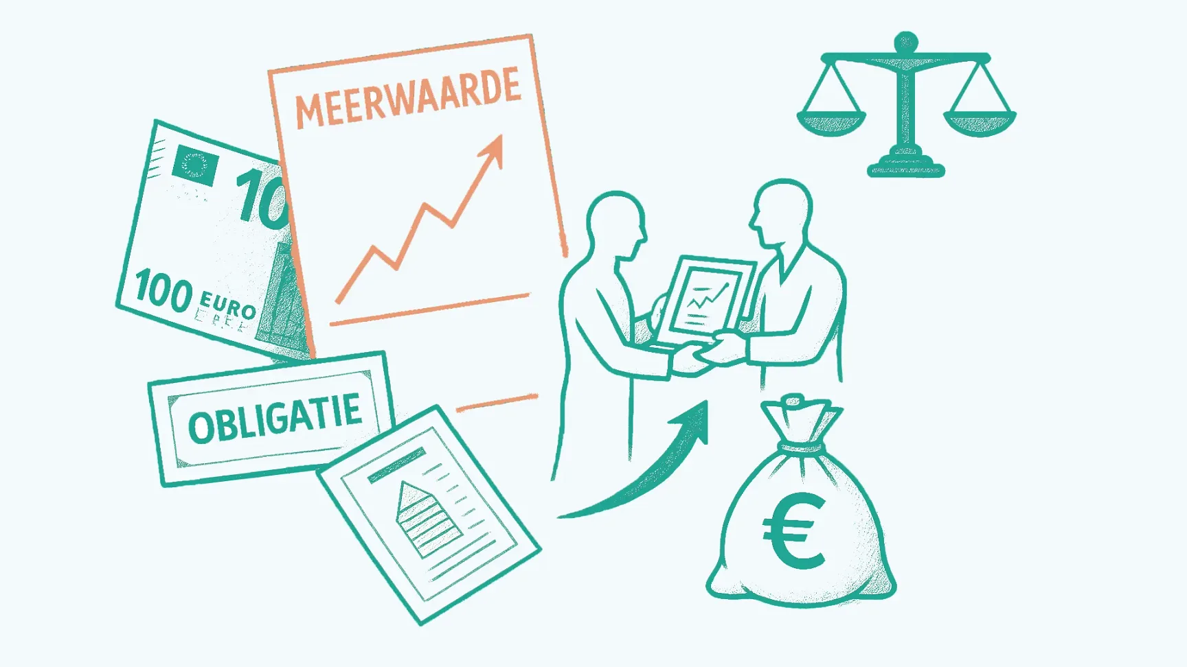 Een tekening met daarop icons zoals een weegschaal, een zag geld met het euroteken erop, 2 personen die een document aan elkaar overhandigen, een 100 euro cashbiljet en een stijgende grafiek in verband met meerwaardebelasting voor ondernemers.
