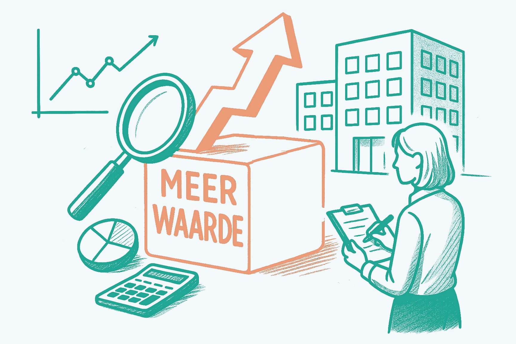 Een tekening met daarop icons van een rekenmachine, taart diagram, een persoon dat notities aan het nemen is, een stijgende grafiek en een kantoor.