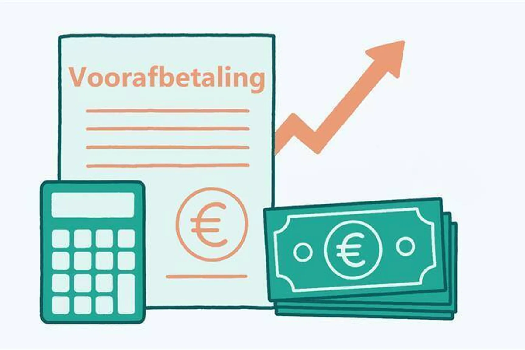 Gestileerde illustratie in groen en oranje die een financiële vooruitbetaling verbeeldt. Centraal staat een document met de titel “Voorafbetaling”, voorzien van enkele tekstregels en een euro-symbool. Links ervan staat een rekenmachine, symbool voor berekening en planning. Rechts ligt een stapeltje bankbiljetten met het euroteken erop. Een oranje pijl die schuin omhoog wijst benadrukt groei of stijgende kosten/opbrengsten. Het geheel straalt een helder, zakelijk en overzichtelijk karakter uit.