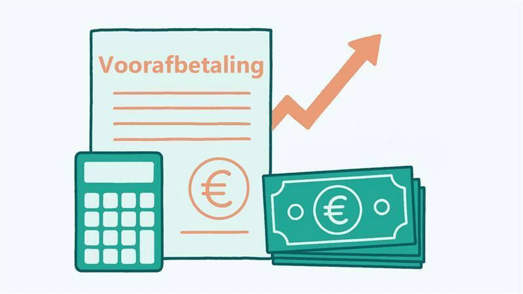 Gestileerde illustratie in groen en oranje die een financiële vooruitbetaling verbeeldt. Centraal staat een document met de titel “Voorafbetaling”, voorzien van enkele tekstregels en een euro-symbool. Links ervan staat een rekenmachine, symbool voor berekening en planning. Rechts ligt een stapeltje bankbiljetten met het euroteken erop. Een oranje pijl die schuin omhoog wijst benadrukt groei of stijgende kosten/opbrengsten. Het geheel straalt een helder, zakelijk en overzichtelijk karakter uit.