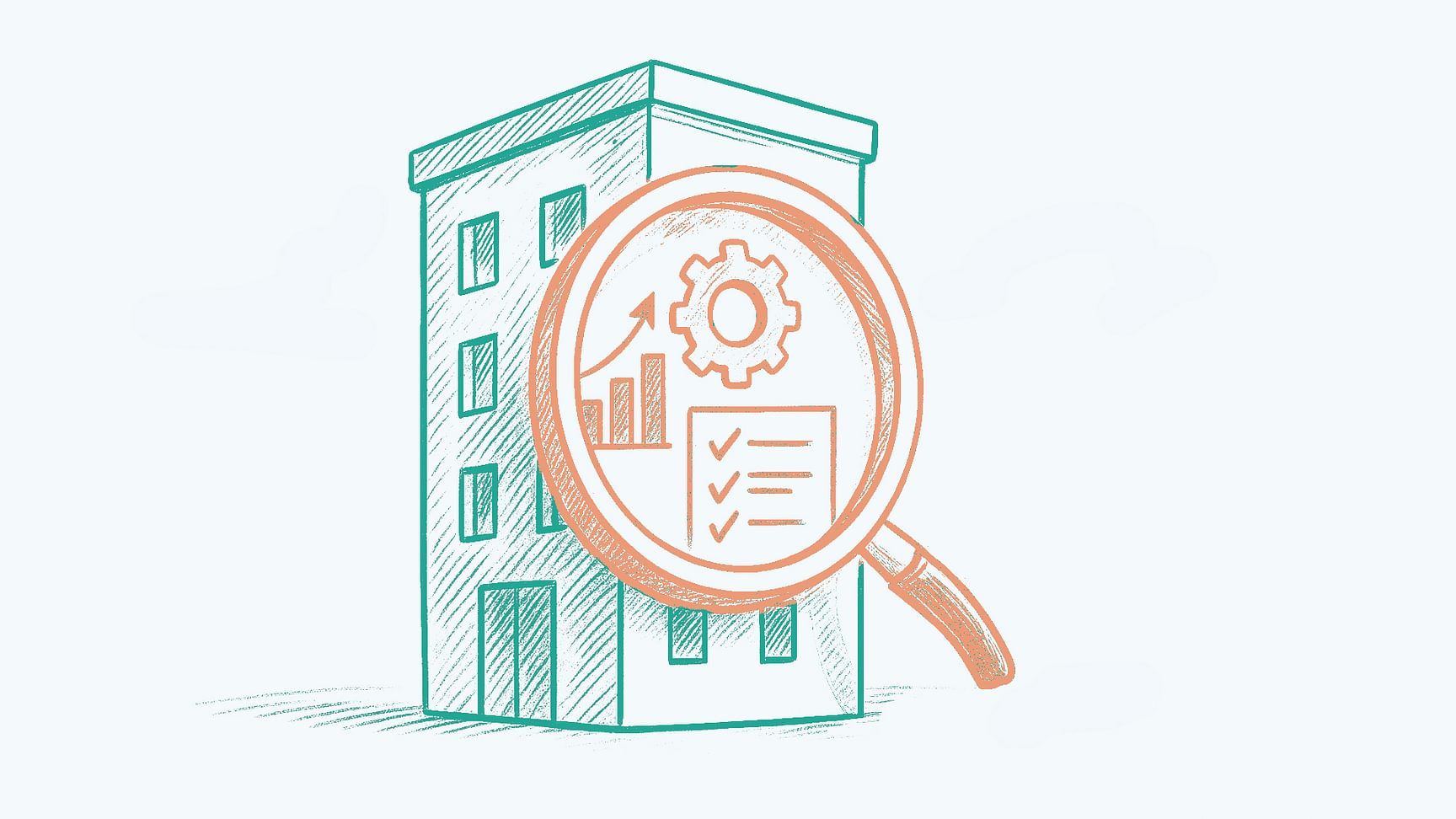 Een tekening van een gebouw waar er een vergrootglas voor staat dat meer inkijk geeft op het intern functioneren van de onderneming.